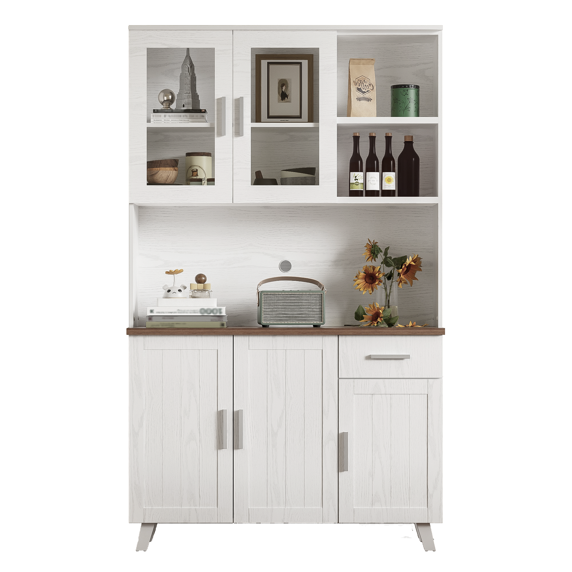 Sideboard, Tall Cabinet with Glass Panels, White Wood Grain