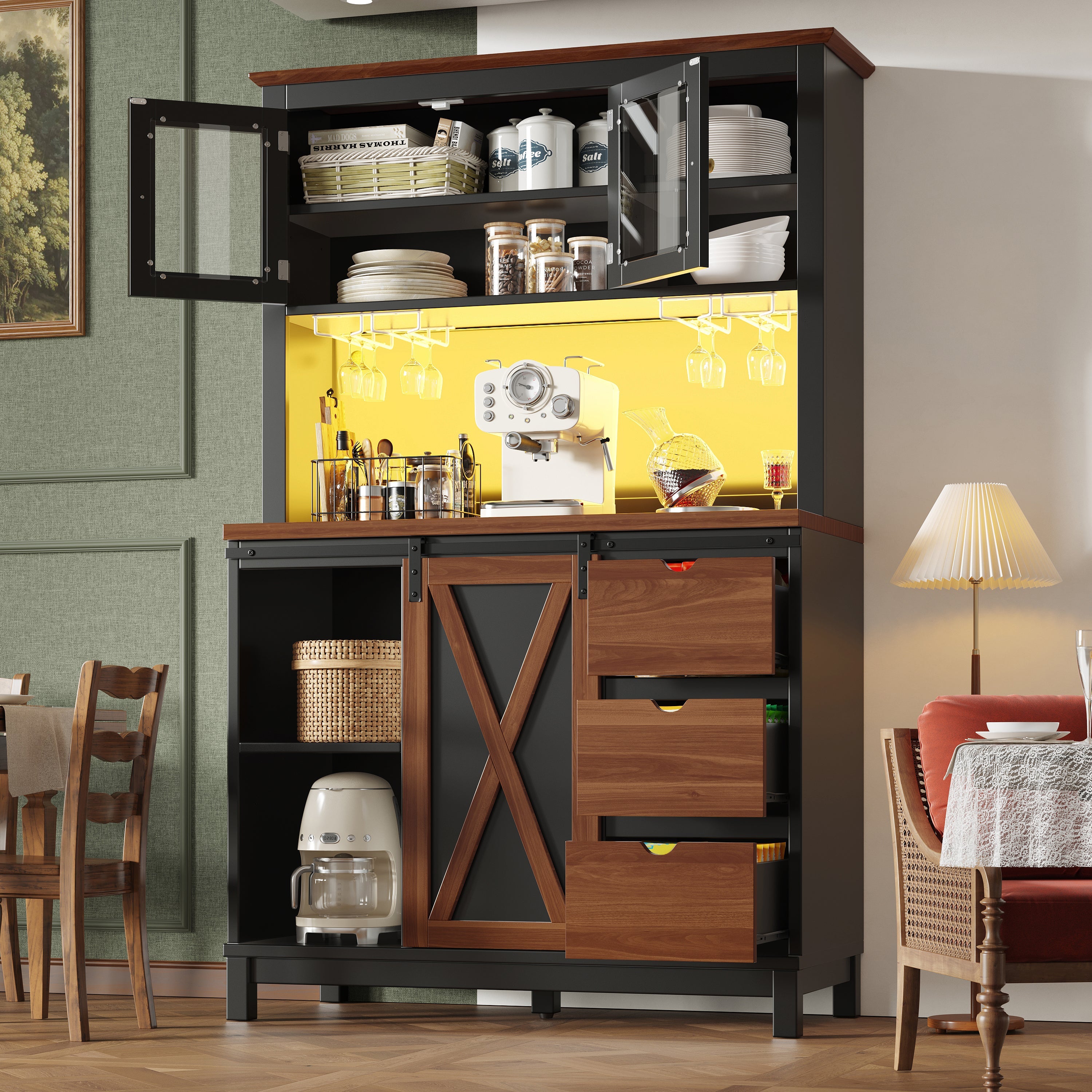 Modern Tall Sideboard Cabinet with LED App Control and Sliding Door, Black