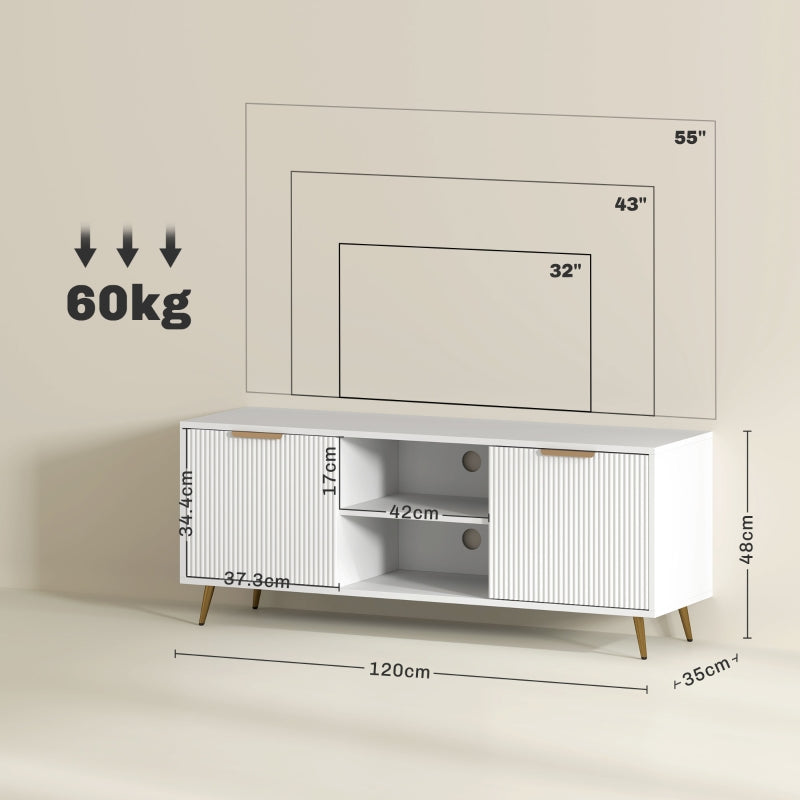 Modern TV Stand Cabinet, 55" TV Unit with 2 Shelves & 2 Cabinets, Engineered Wood White