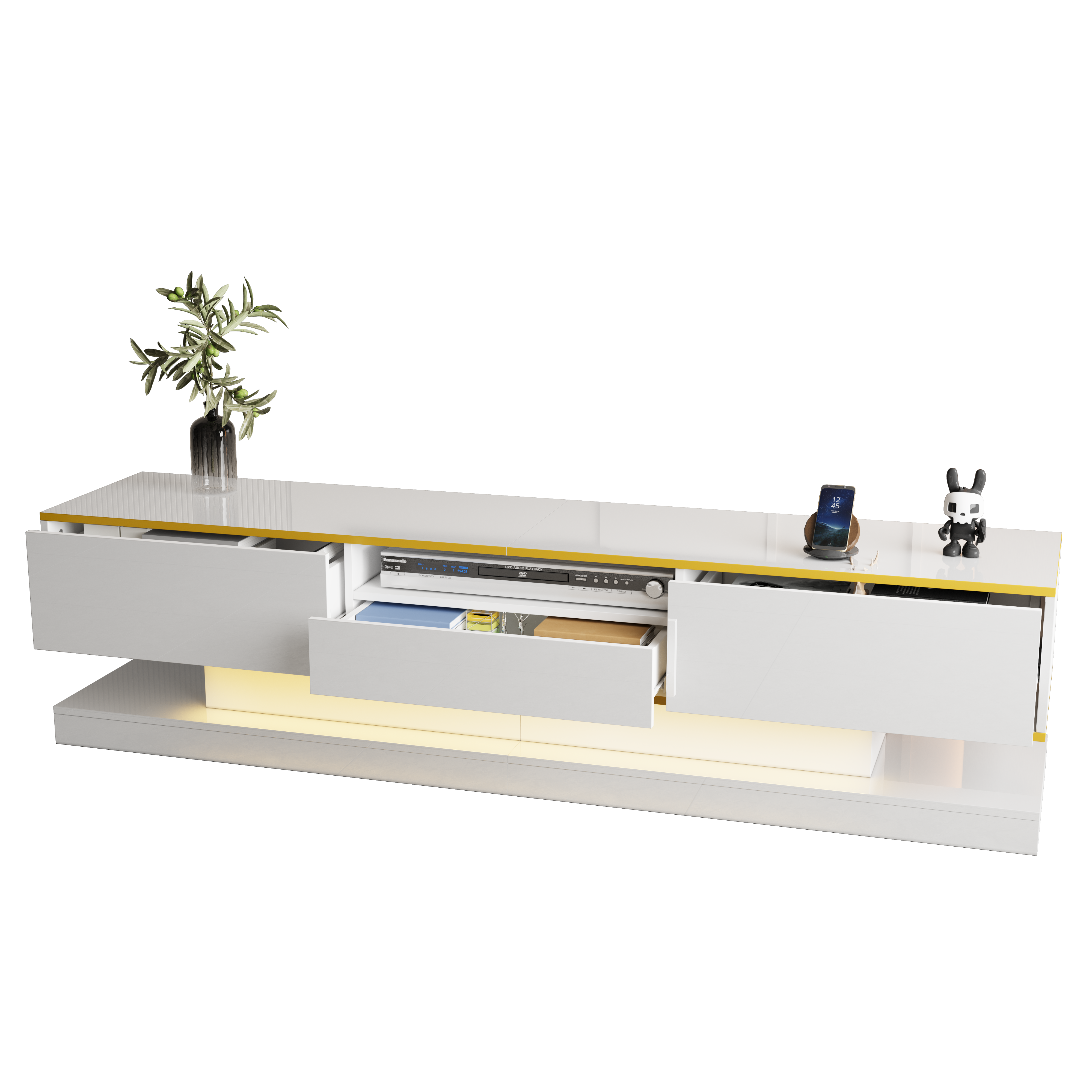 Modern TV Cabinet, 3 Drawers Open Compartment LED Lights 180x38x45cm, High Gloss