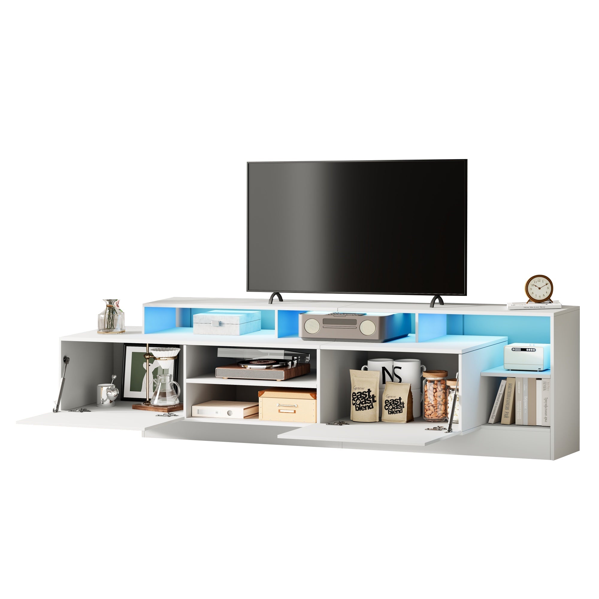 Modern TV Lowboard 190cm LED Open Storage for 70" TV - High-Gloss