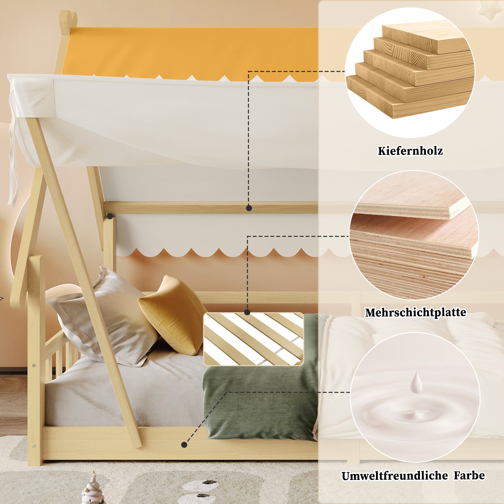Children's Bed Single, Wooden House Design, Removable Tent, Safety Railing, Pine + Plywood, Natural, 90x190cm