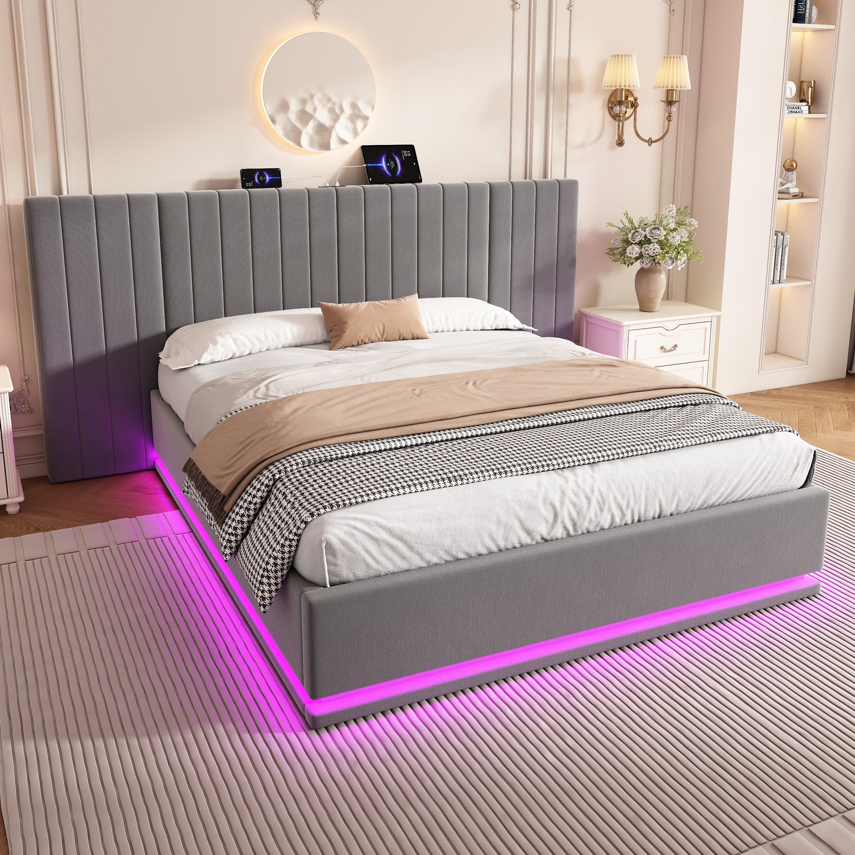 King Ottoman Bed with LED Storage and Charging Station, Velvet Grey