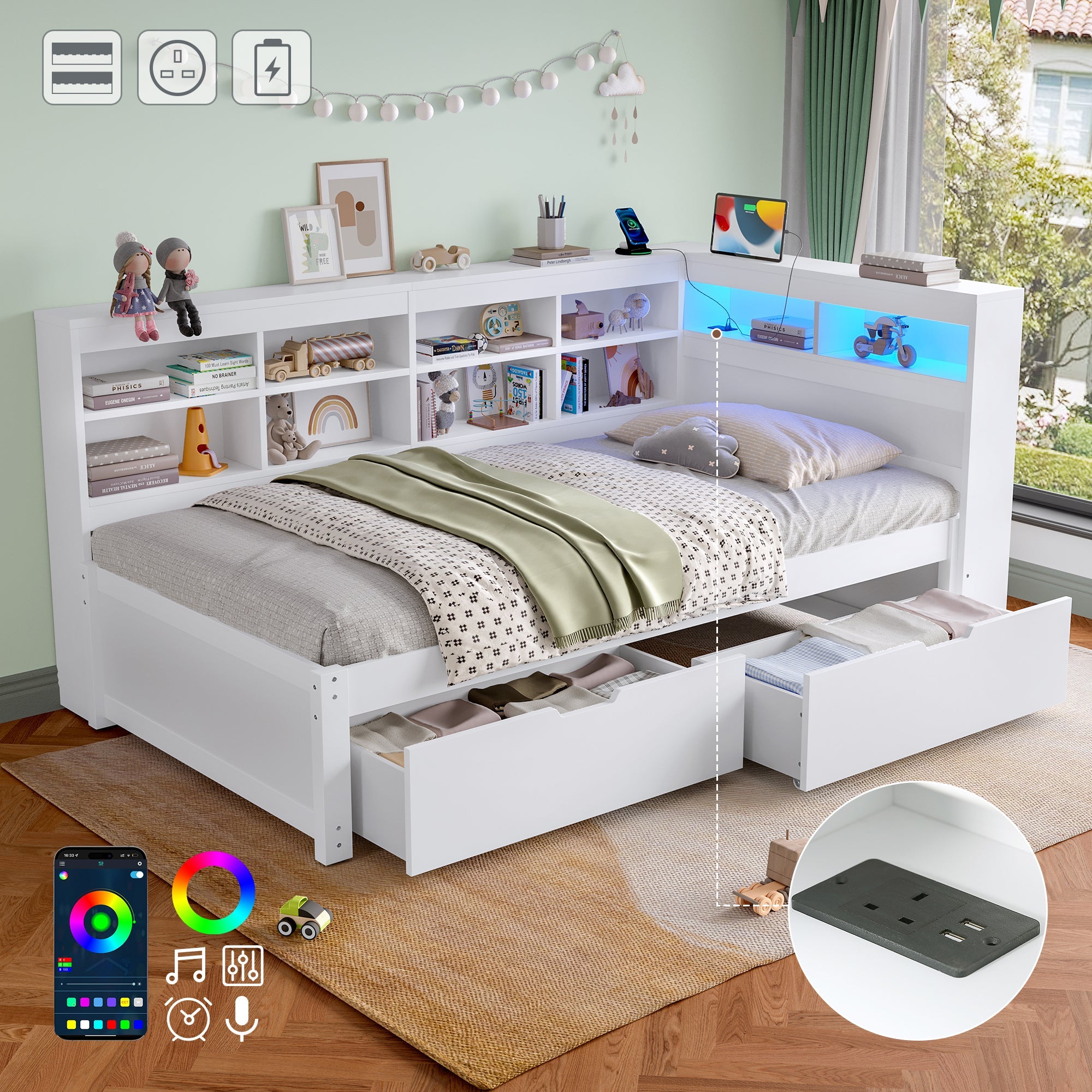 3ft Single Daybed, LED Bed Frame w/ Storage Drawers & Charging Station, Wood, White