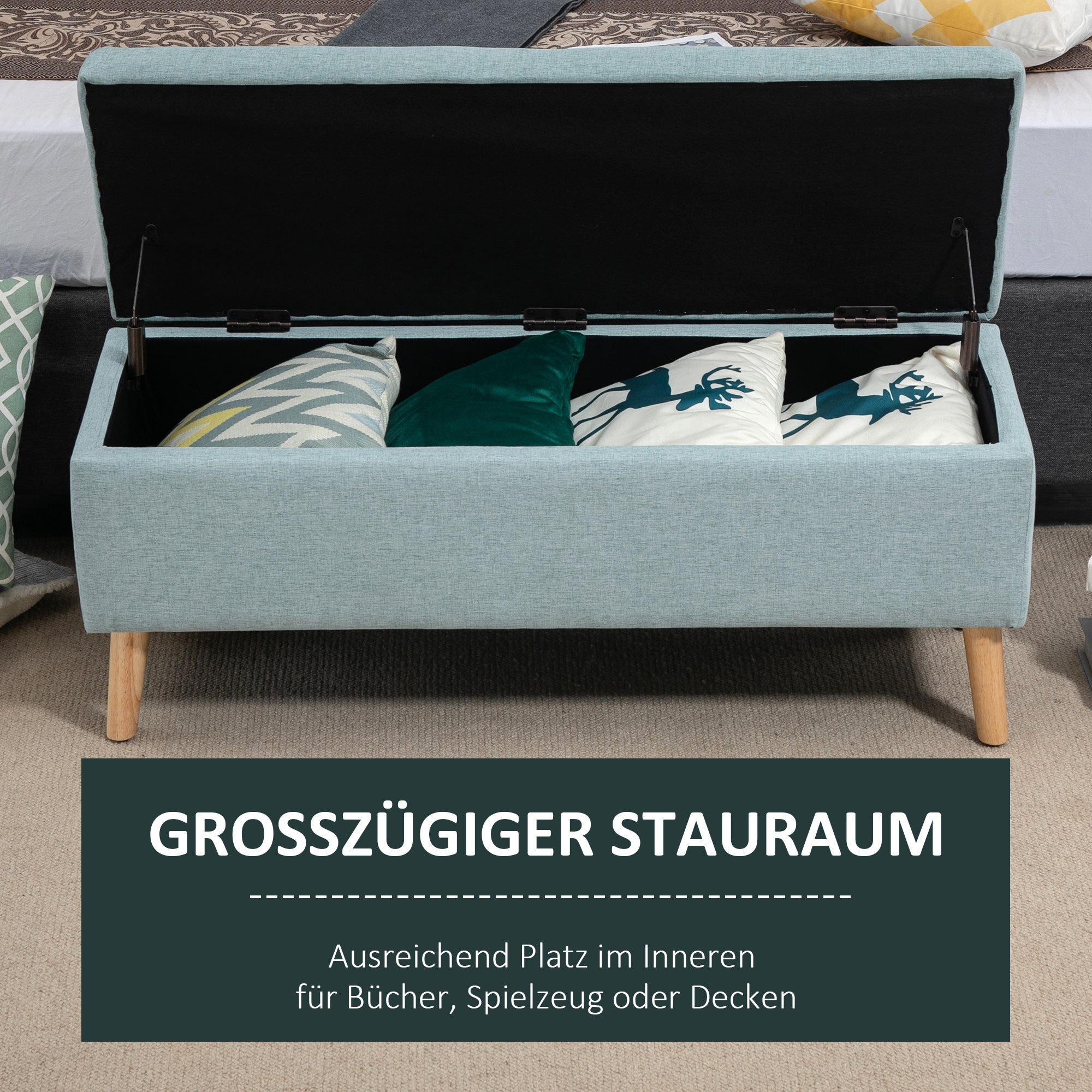 Light green upholstered bench with storage 110x39x45cm, linen-like polyester and rubber wood
