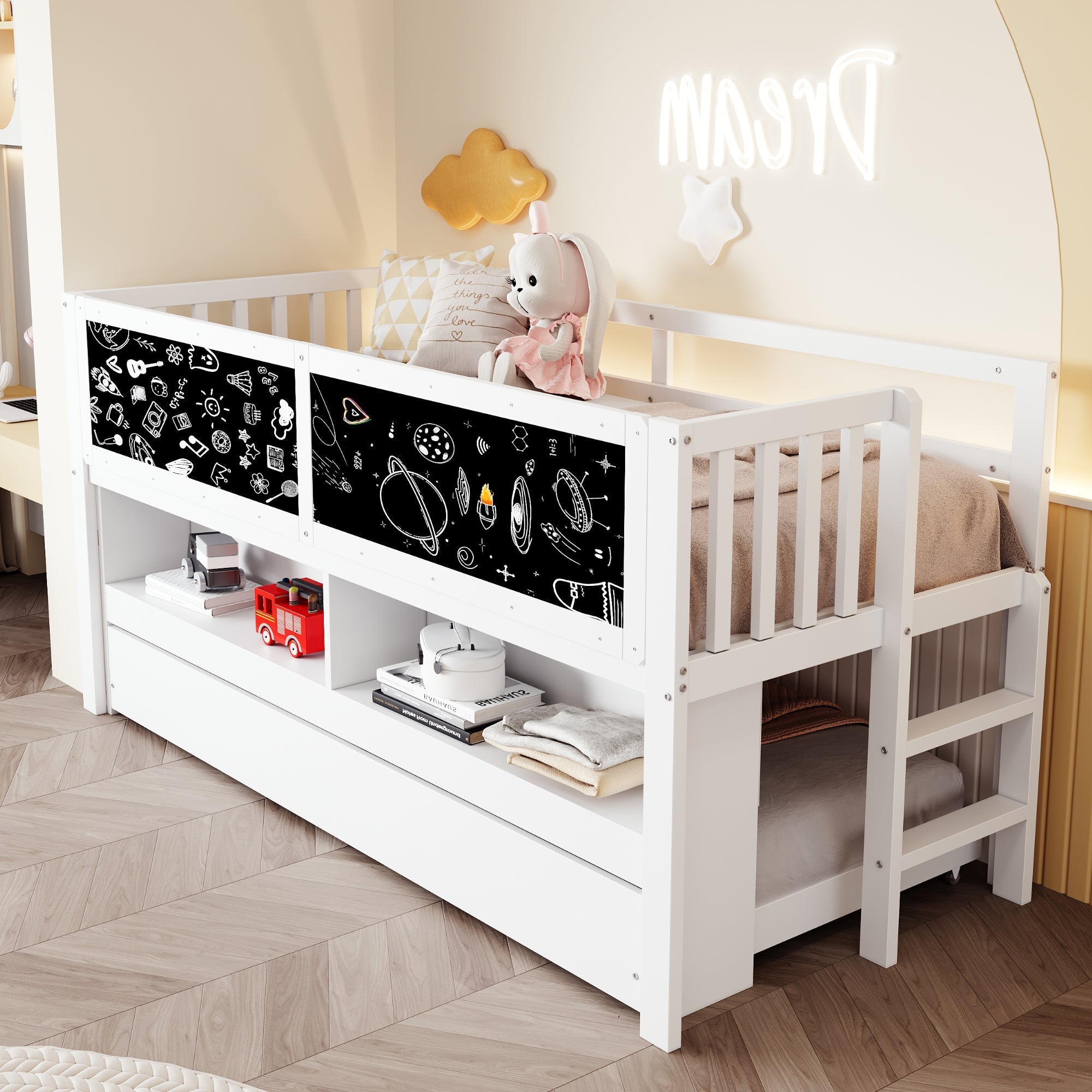 Children's House Bed 90x200 Extendable Chalkboard Storage Climbing Ladder - Solid Wood White
