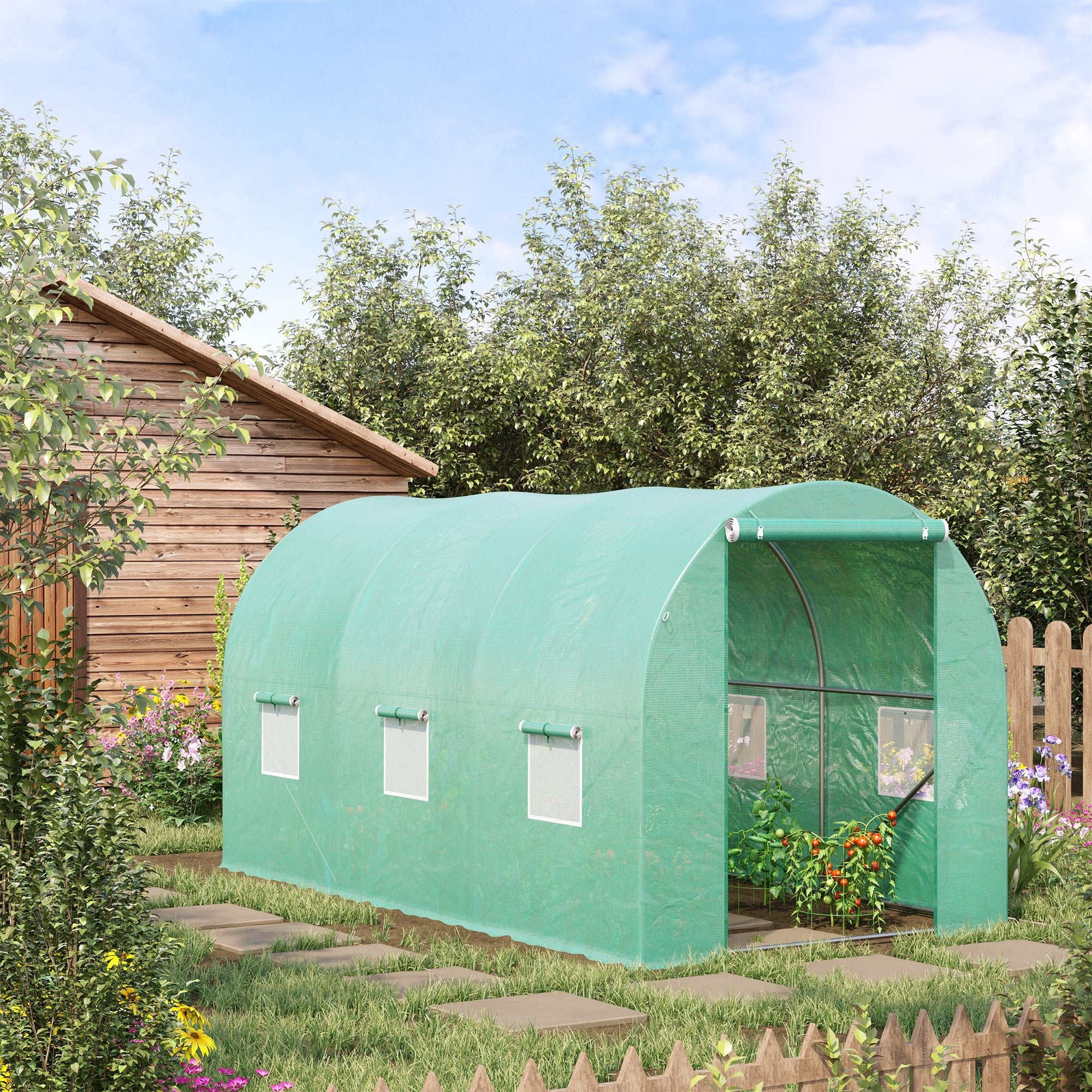 4 x 2 x 2 m Polytunnel Greenhouse, Roll-up Door 6 Mesh Windows Galvanised Steel Frame, Green