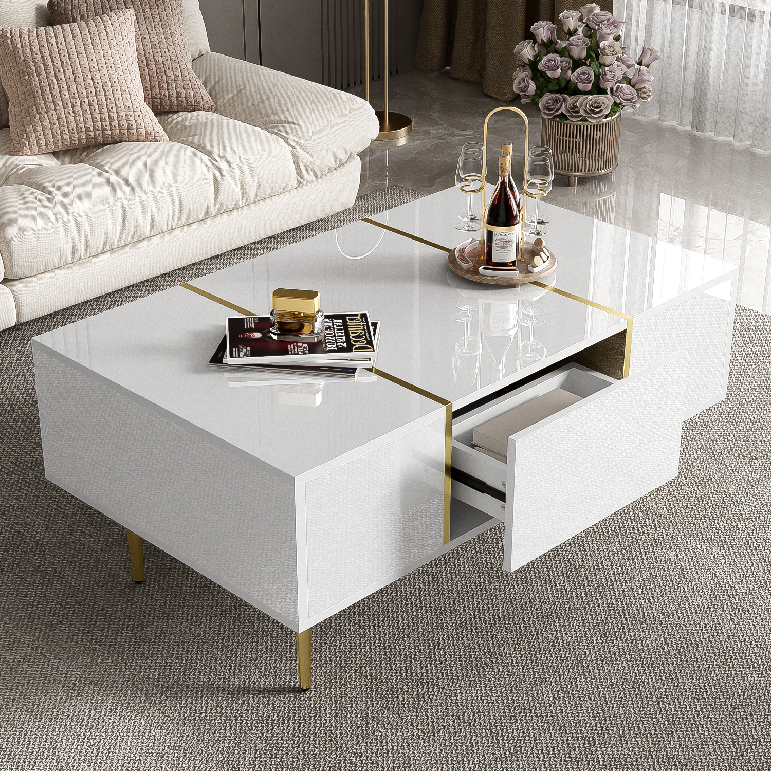 White Coffee Table, High Gloss Modern with 2 Drawers
