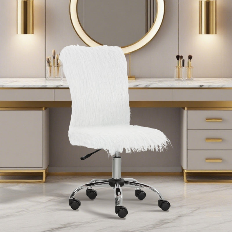 Plush Office Desk Chair Swivel Adjustable Height Armless, White