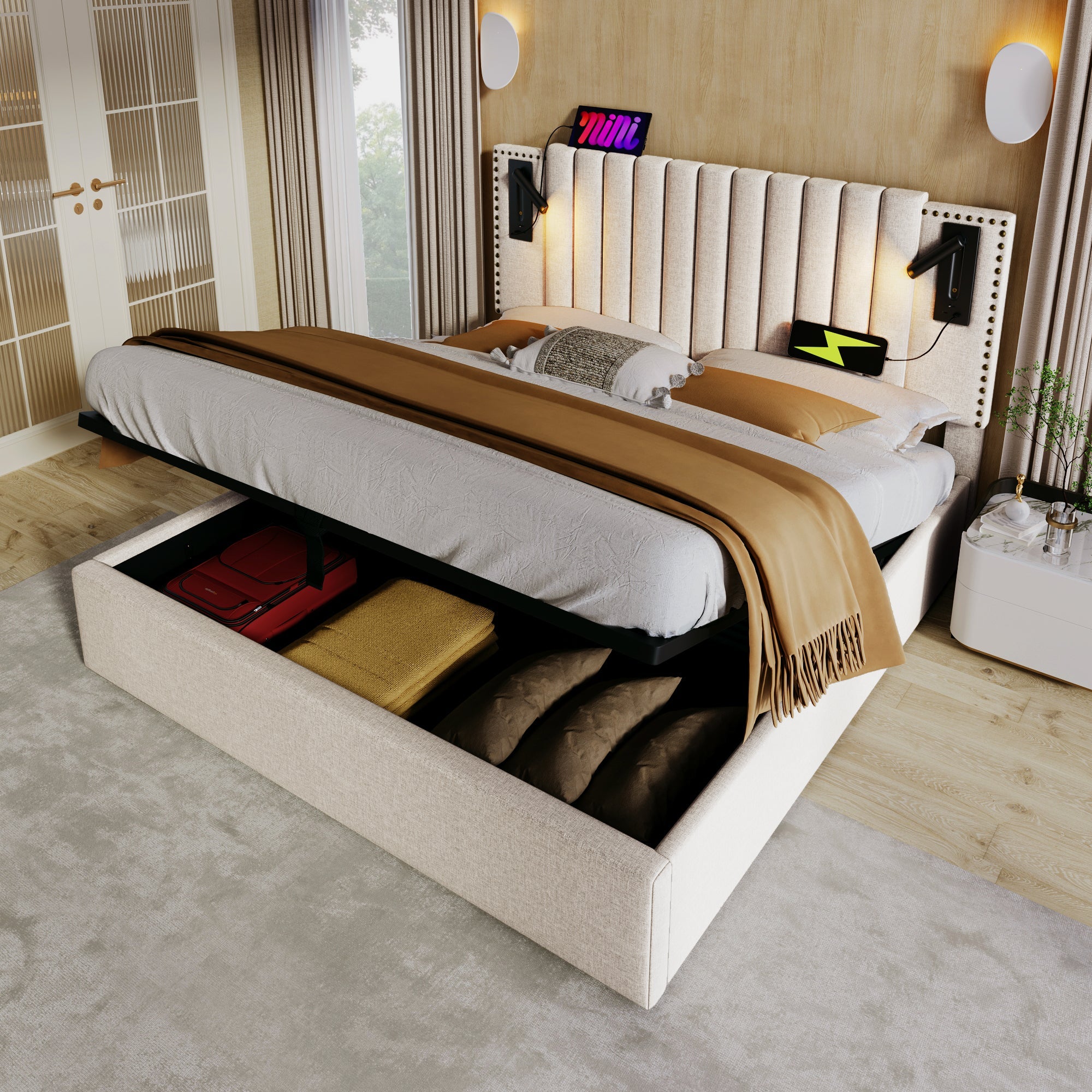 Upholstered Bed 140x200, Double with Storage, USB Reading Light, Rivet Headboard, Beige Cotton
