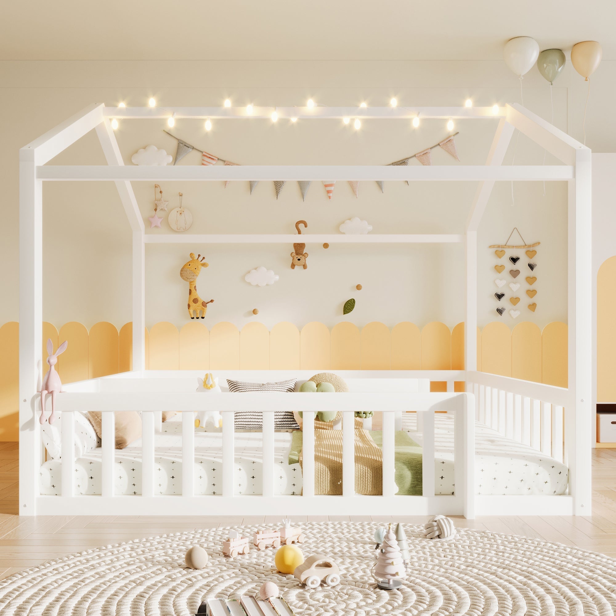 Flatbed Convertible Children's Bed 90x190cm to 180x190cm House Rail LED Lights Pine Wood White