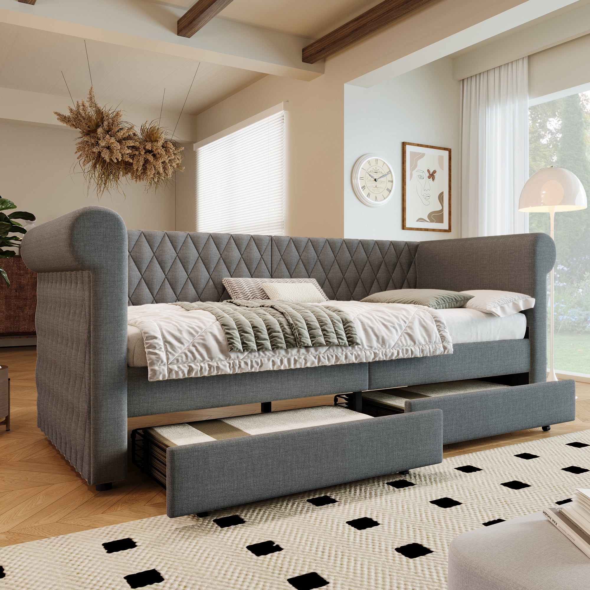 Vintage Headboard Upholstered Bed, 90x200 cm Daybed with 2 Storage Drawers, Linen Gray