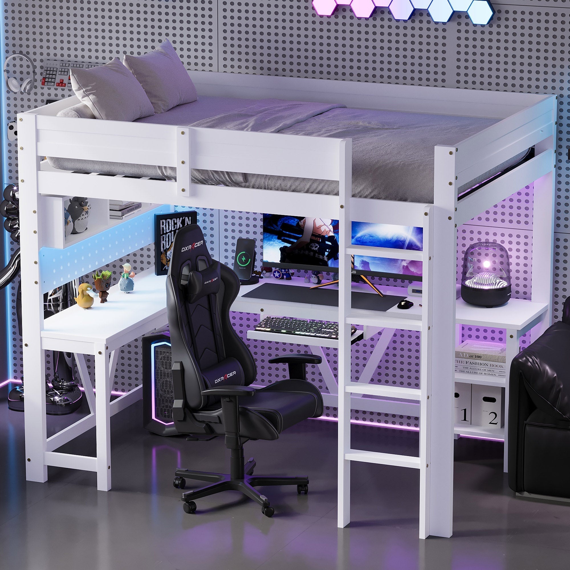 Gaming Loft Bed with Desk, LED Lighting and Charging Station, White Wo ...