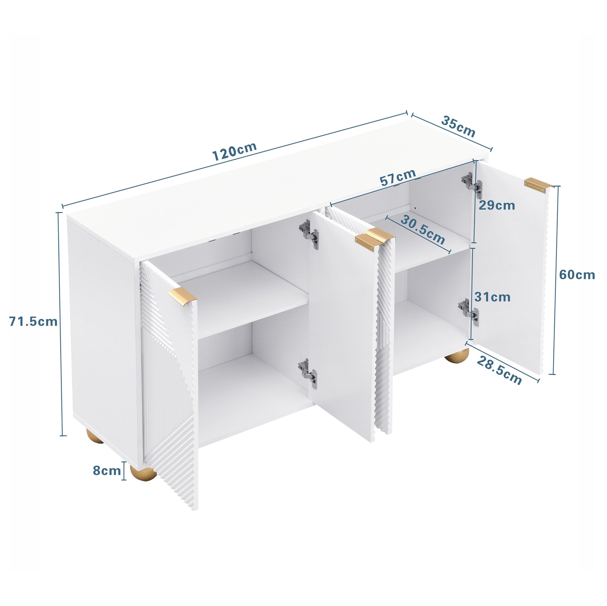 Sideboard with Four Molded Doors and Adjustable Shelves, Wood and Metal