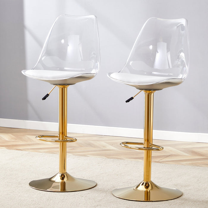 Bar Stool Set 2-Piece Adjustable Swivel Transparent Backs PU Leather Gold Metal