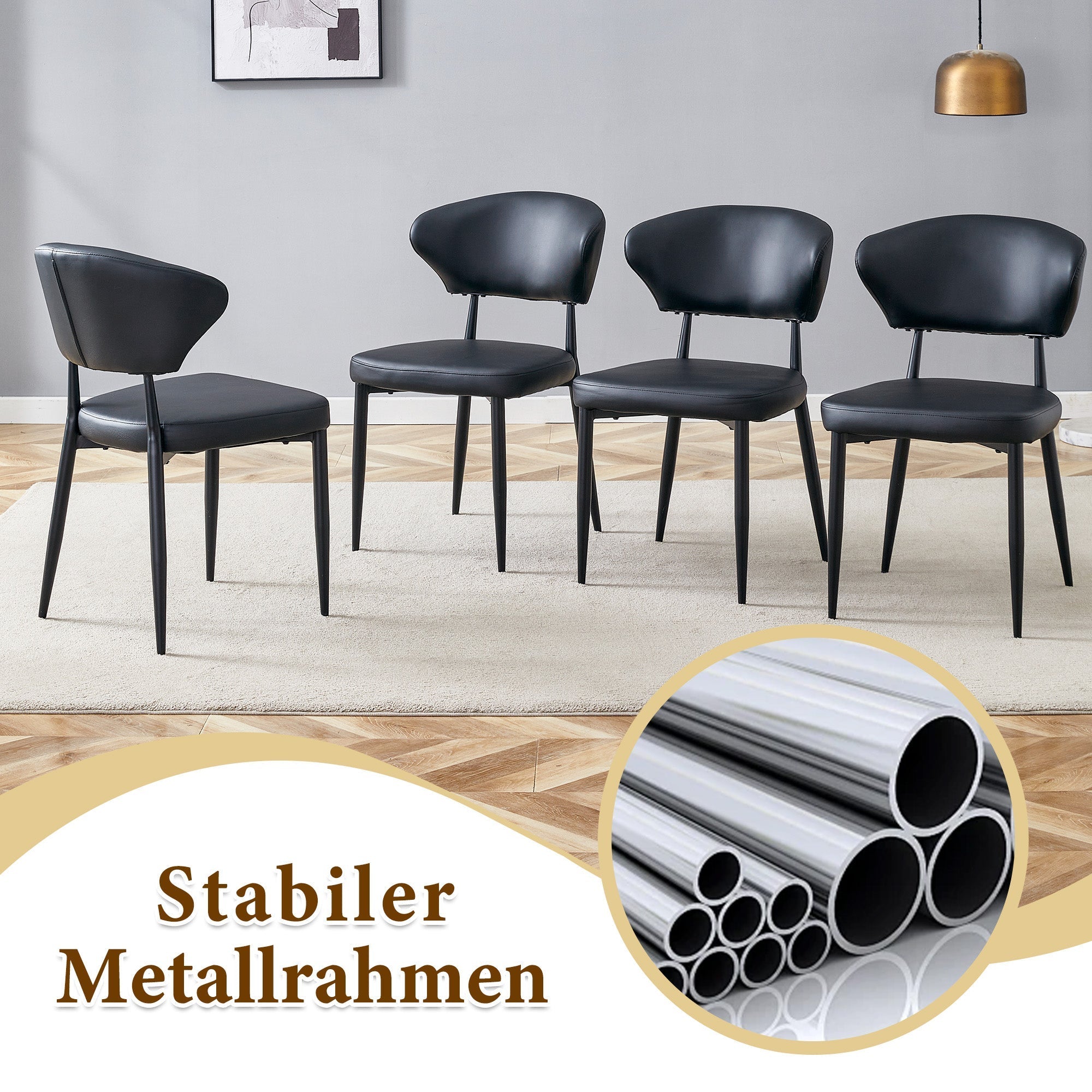 Minimalist Round Table Set 100cm 4 Armchairs - Black PU/Wood Look