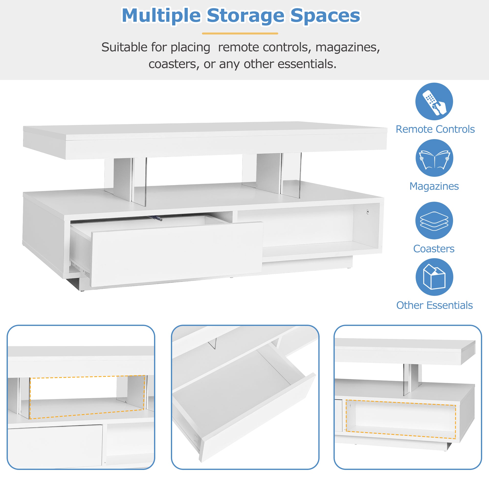 Led Coffee Table with 2 Drawer Storage, High Gloss with 16-Color Led Lights, White