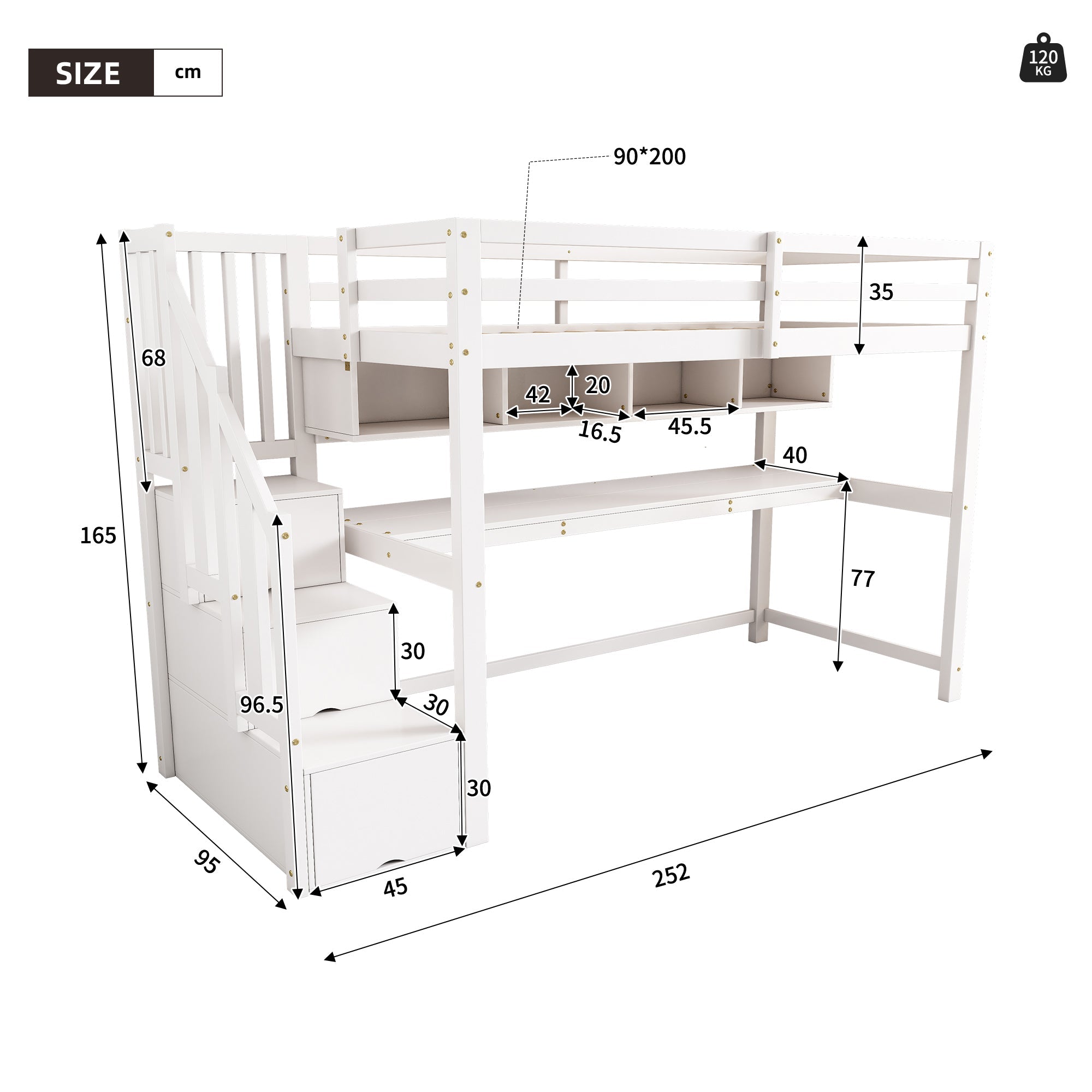 Loft Bed with Storage Stairs, Desk and Shelves, 90x200cm, White Solid Wood + MDF