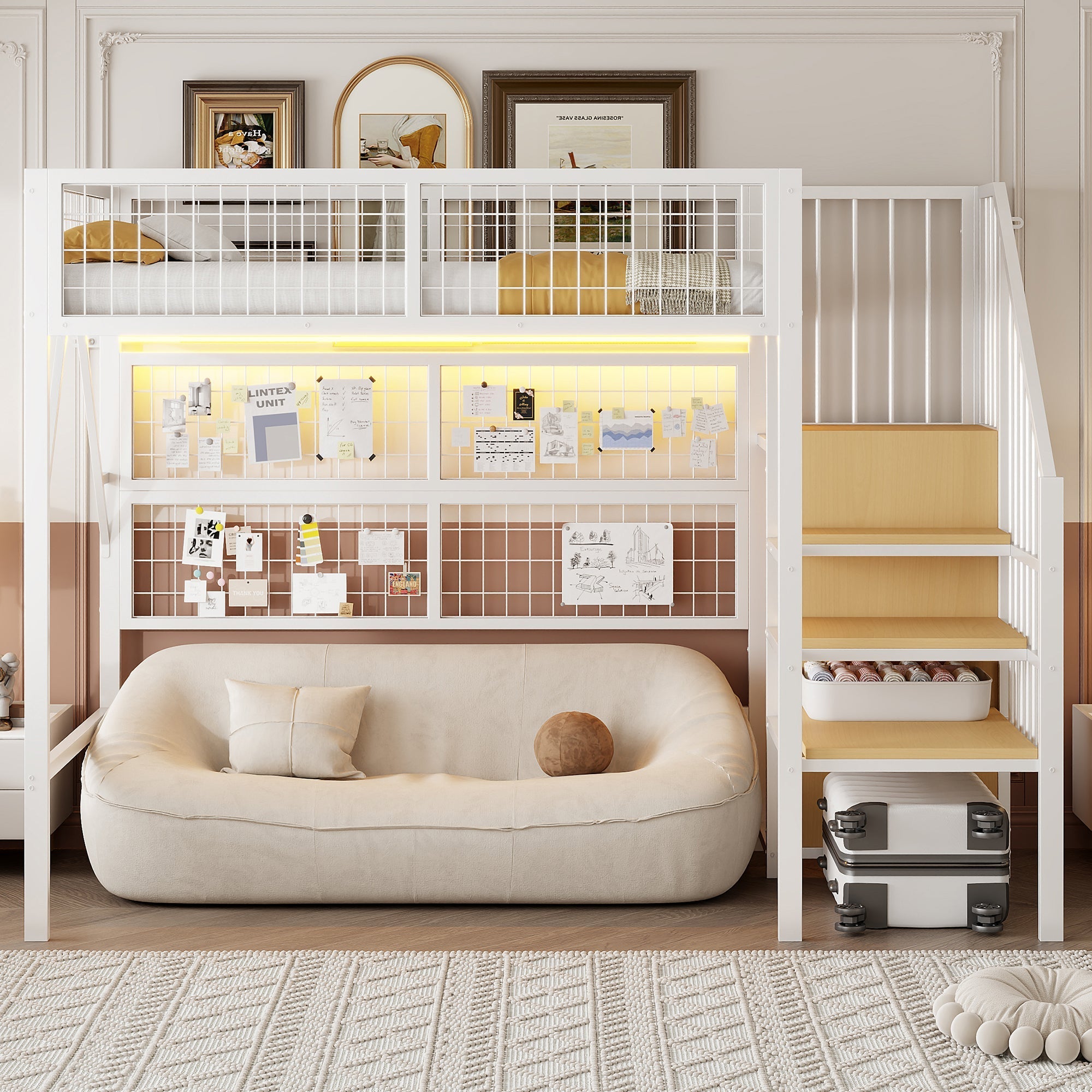 Iron Loft Bed, 90x200 with LED, Storage Stairs, Open Wardrobe, Black and White Metal