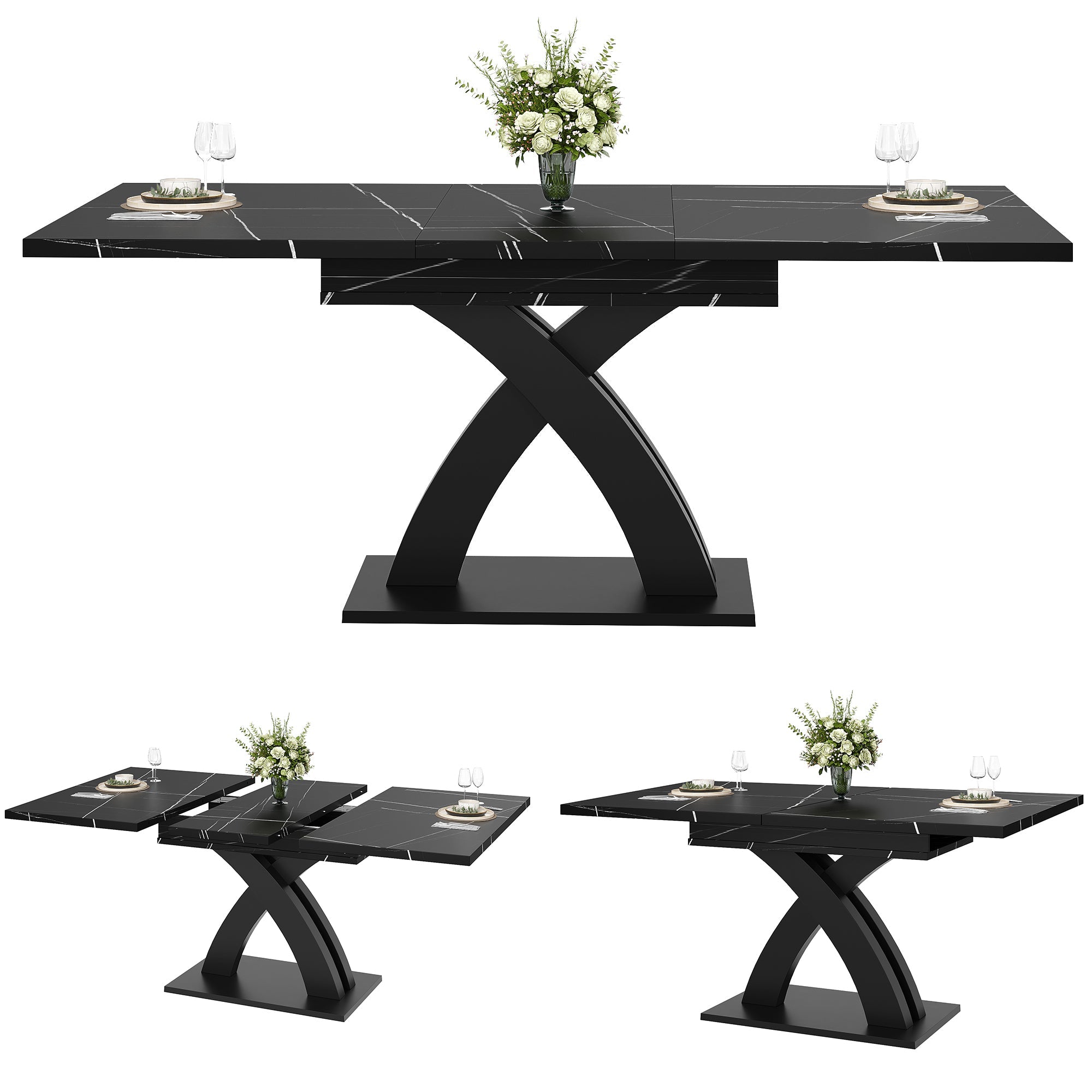 Extendable Dining Table, 120(160) cm Wooden Black Lacquered