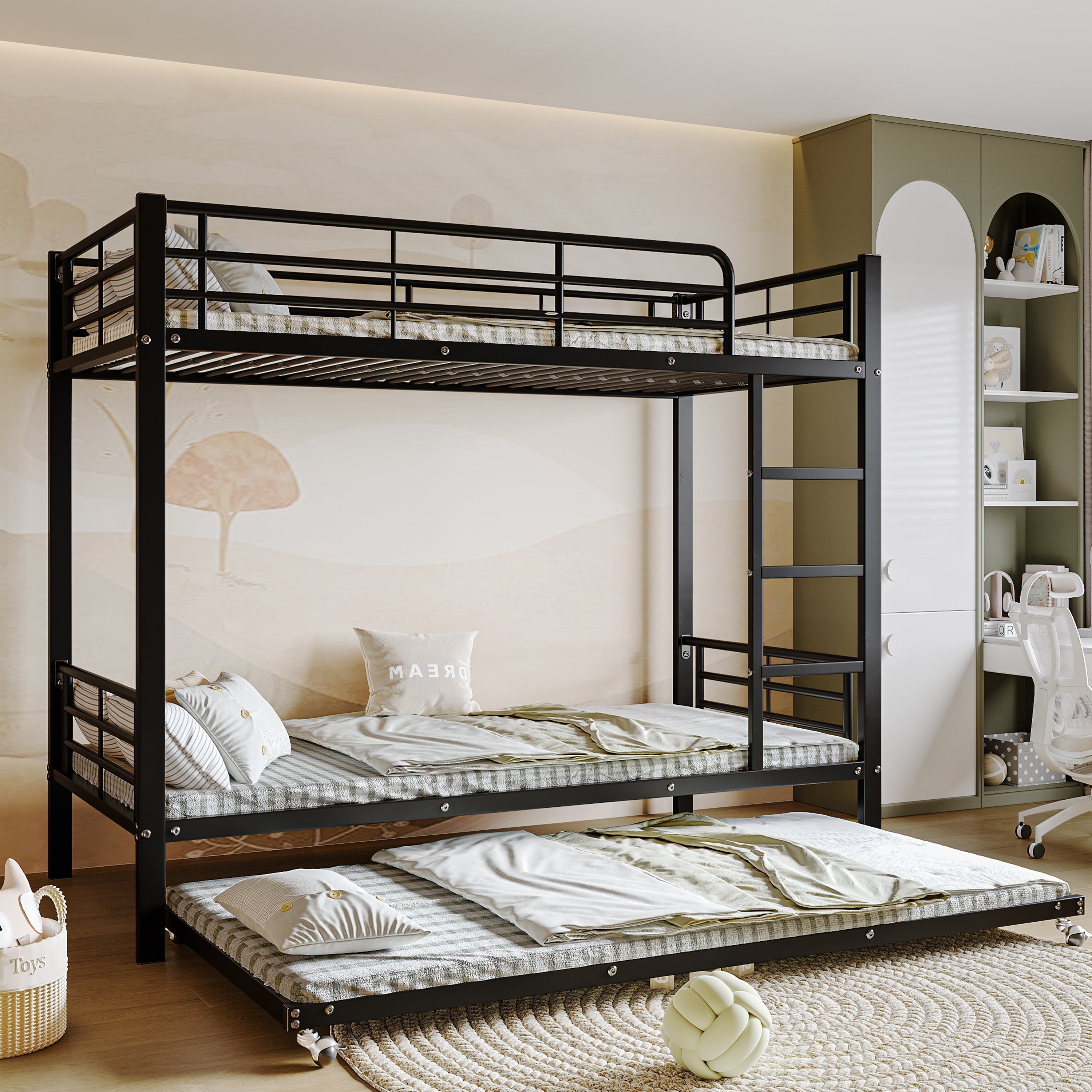 Iron Bunk Bed Pull-out Bed 4 Side Rails 90x200cm & 90x190cm, Black Metal