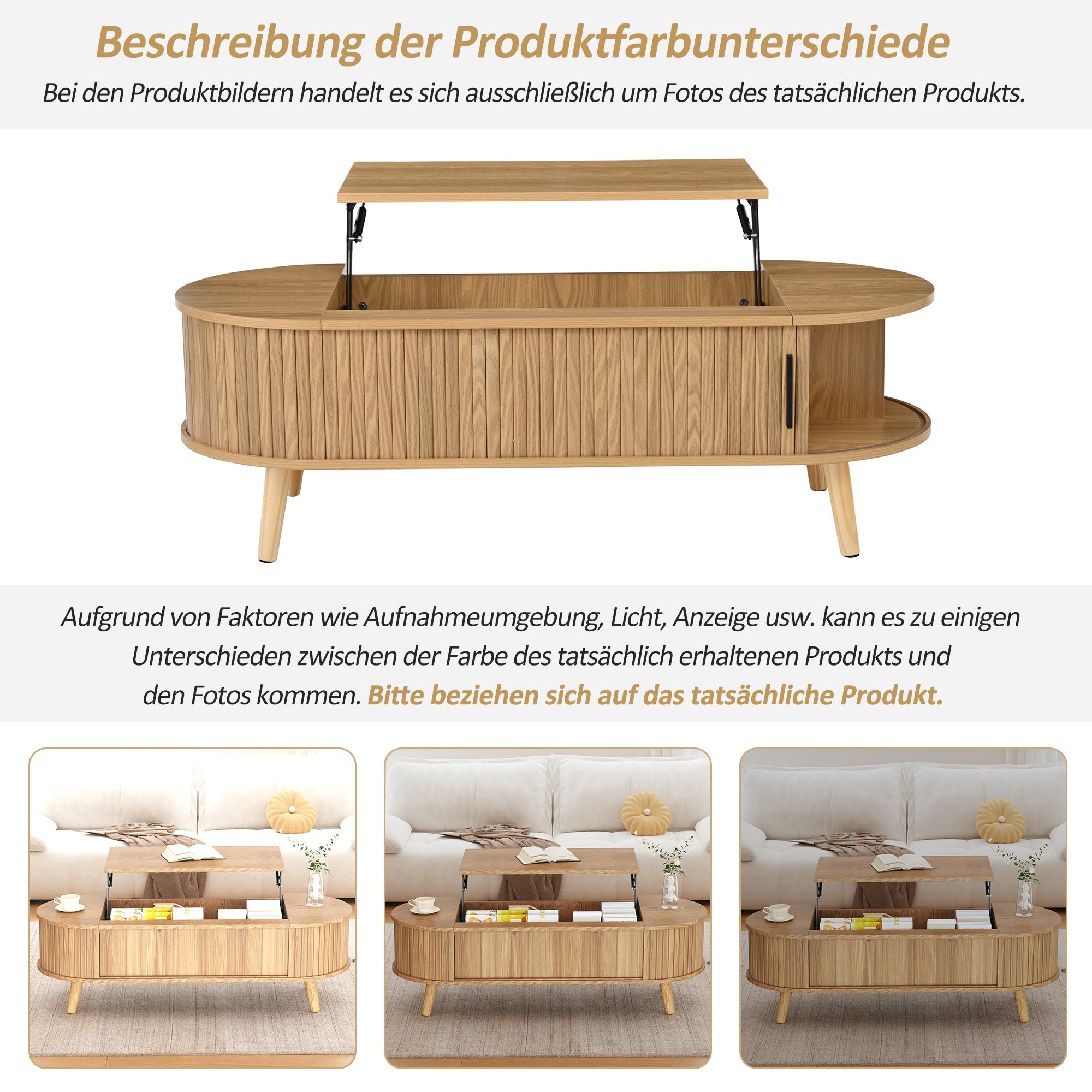 Liftable Coffee Table Hidden Storage 5 Shelves Original Wood Color
