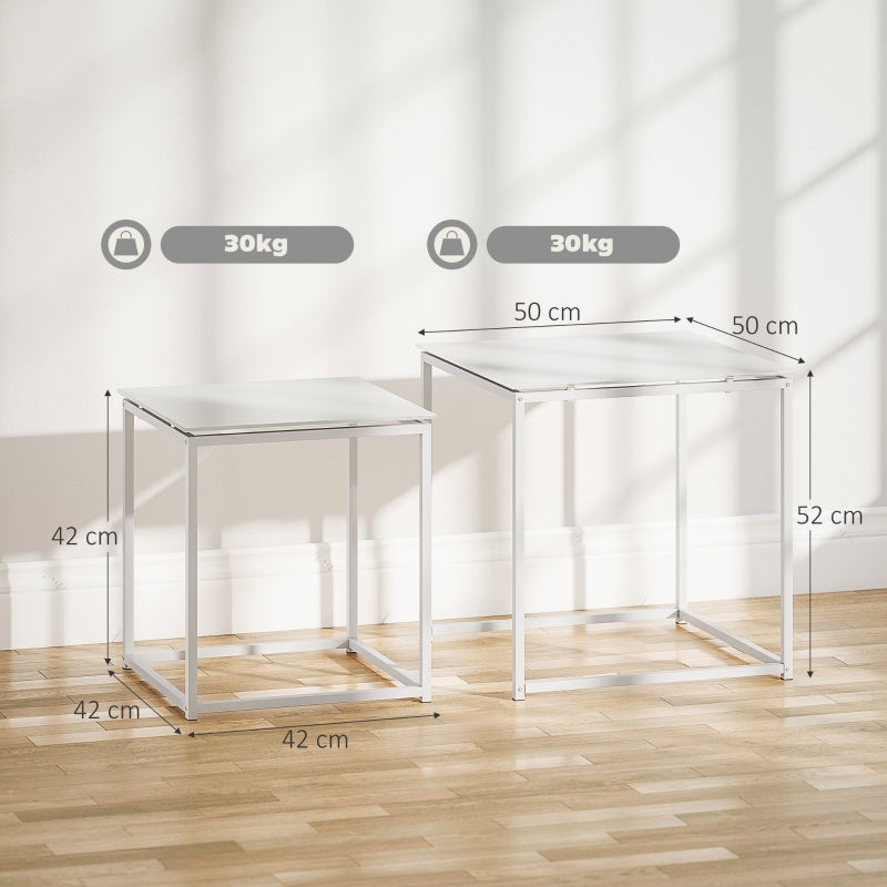 Nest of Tables, Set of 2 Coffee/Side Tables with Tempered Glass Top, White