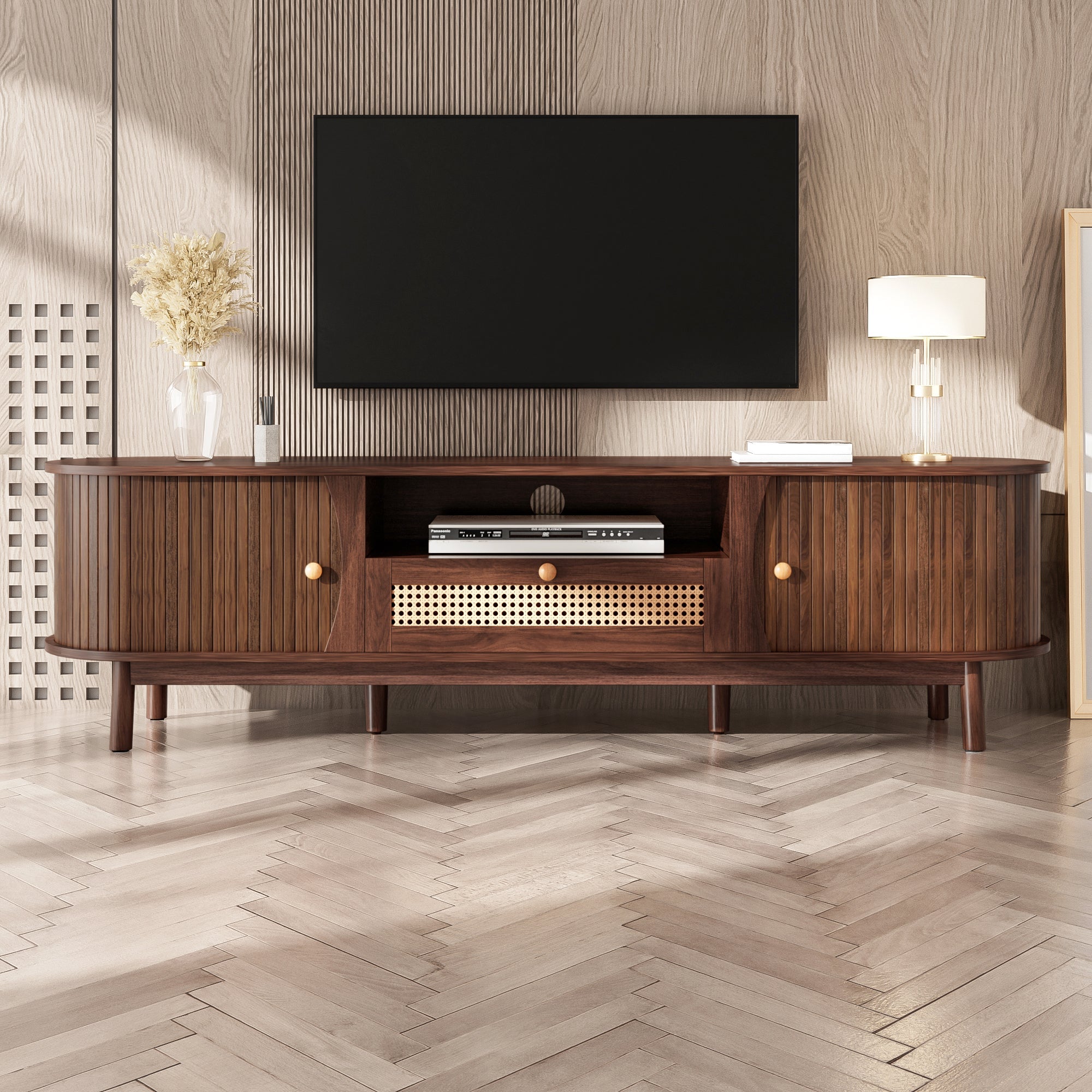 TV Cabinet with Doors and Drawers, Low Storage Solution, Rattan/Solid Wood