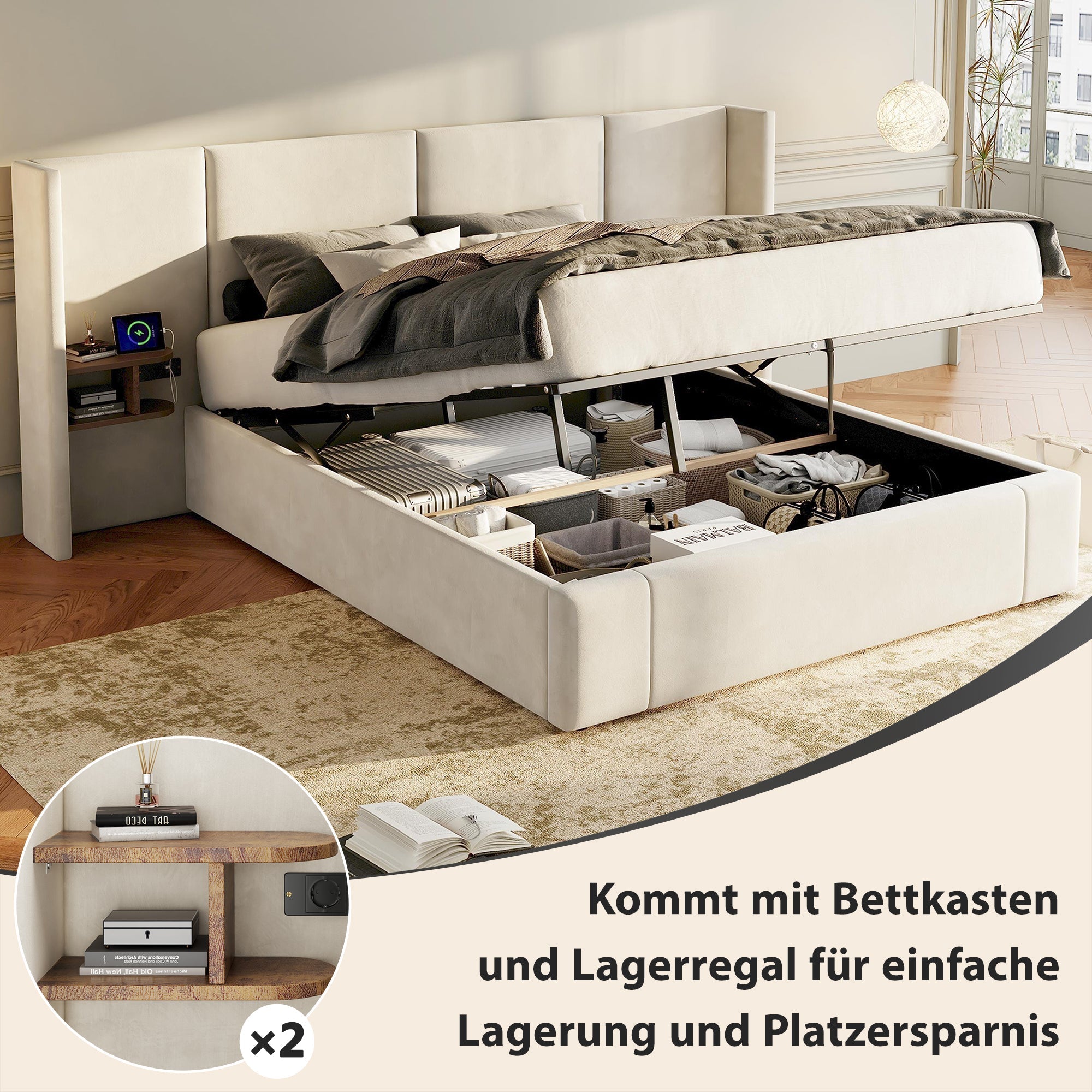 Upholstered Bed 160x200cm Hydraulic Storage USB Power Outlets 2 Bedside Tables Velvet Beige