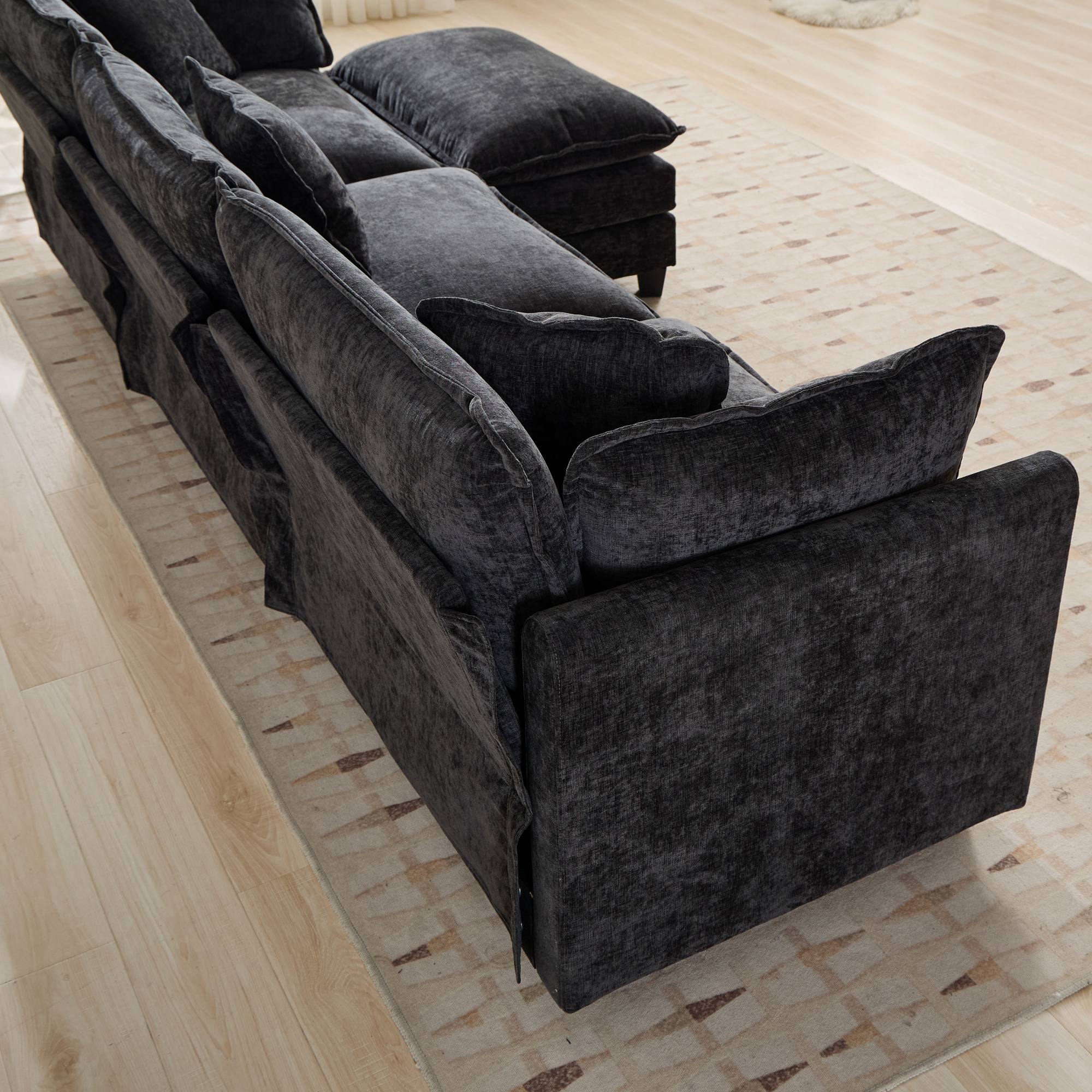 Cloud Sofa 3 Seater Modern Sectional Couch with Double Layer Upholstered Cushion, Black Chenille Fabric