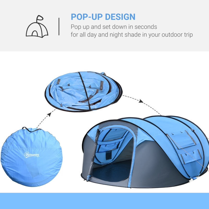 Pop-up Camping Tent, 4-5 Person Family Tent with 2 Windows, Sky Blue