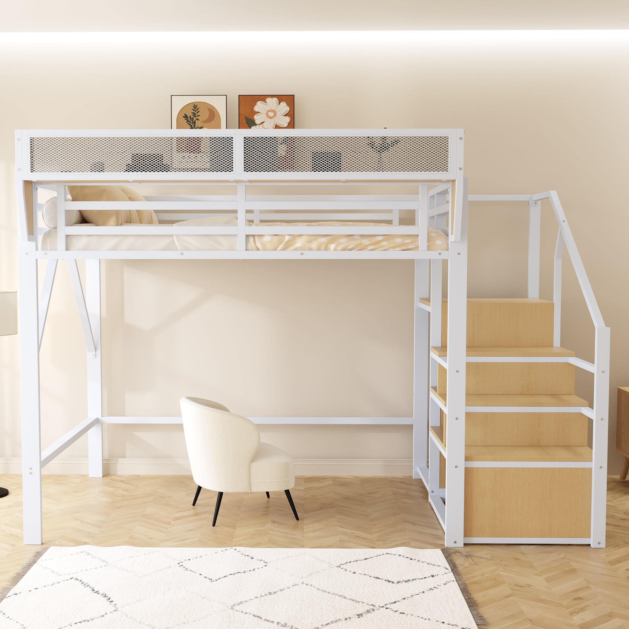 Loft Bed 140x200 Safety Ladder Storage Metal White