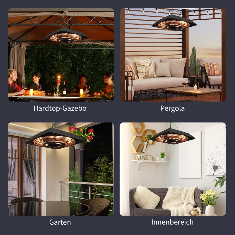 Ceiling Heater, 800W/1200W/2000W 5 Modes Radiant Heater, IP45 Electric Patio Heater with Remote Control, Aluminum Glass Black