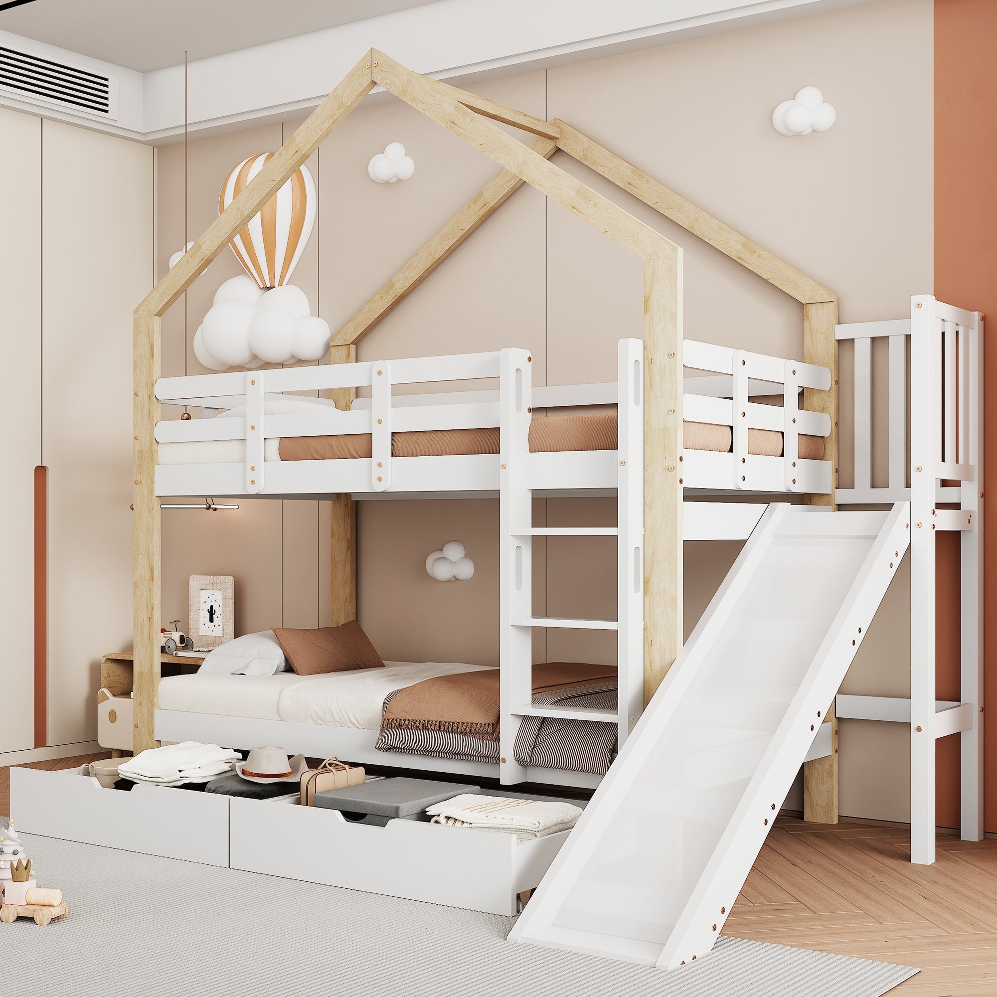 Bunk Bed House with Slide, Ladder, Safety Rail, 2 Drawers, 90x200cm, Solid Wood White/Natural