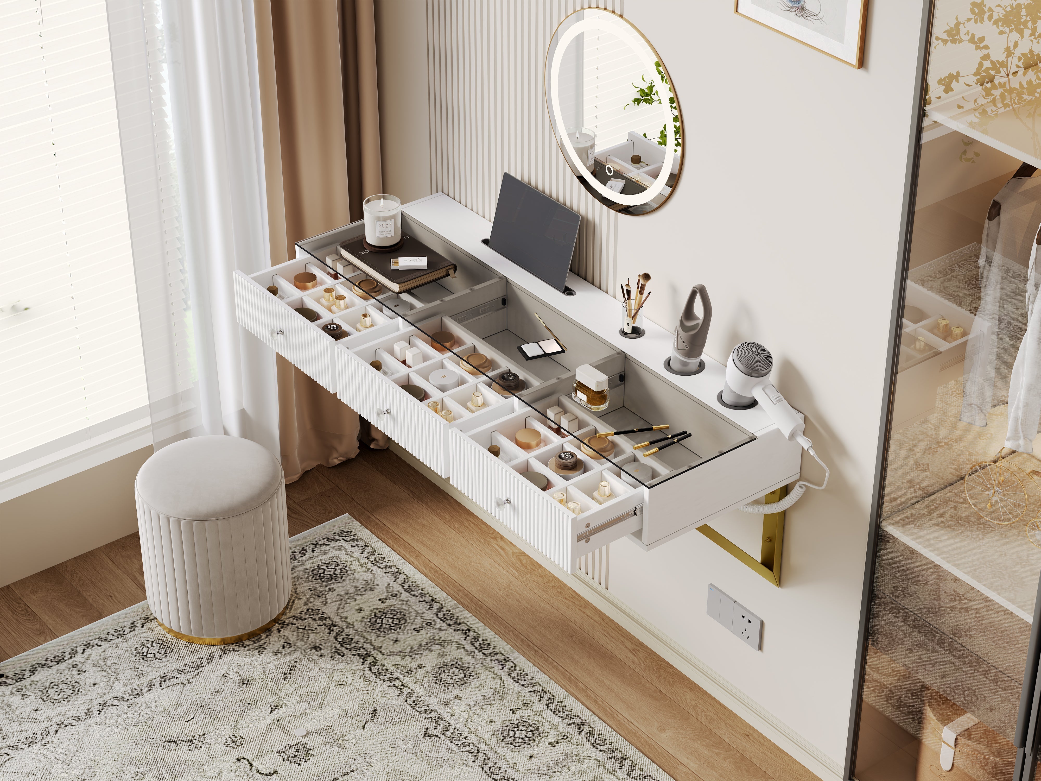 Wall-Mounted Vanity Table with 3 Drawers, Glass Top, Tablet and Cup Holder, White