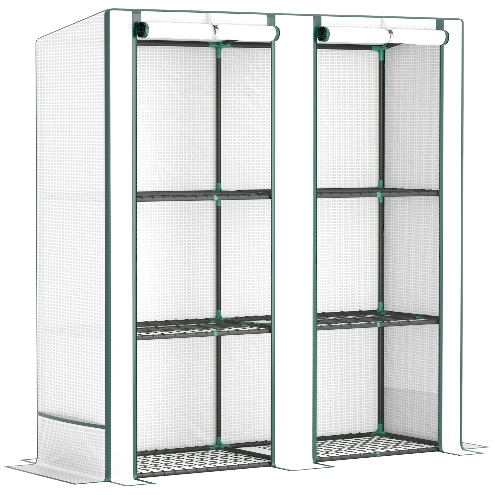 Greenhouse Pent Roof Double Doors Shelves Winterproof 144x48x152cm Foil Steel, White