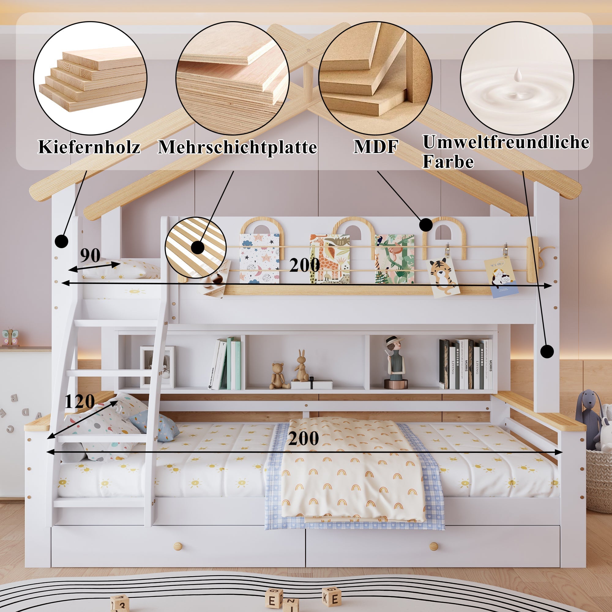 Bunk Bed Children's, Drawers Roof Slanted Staircase 90x200cm & 120x200cm, Pine + MDF White + Natural