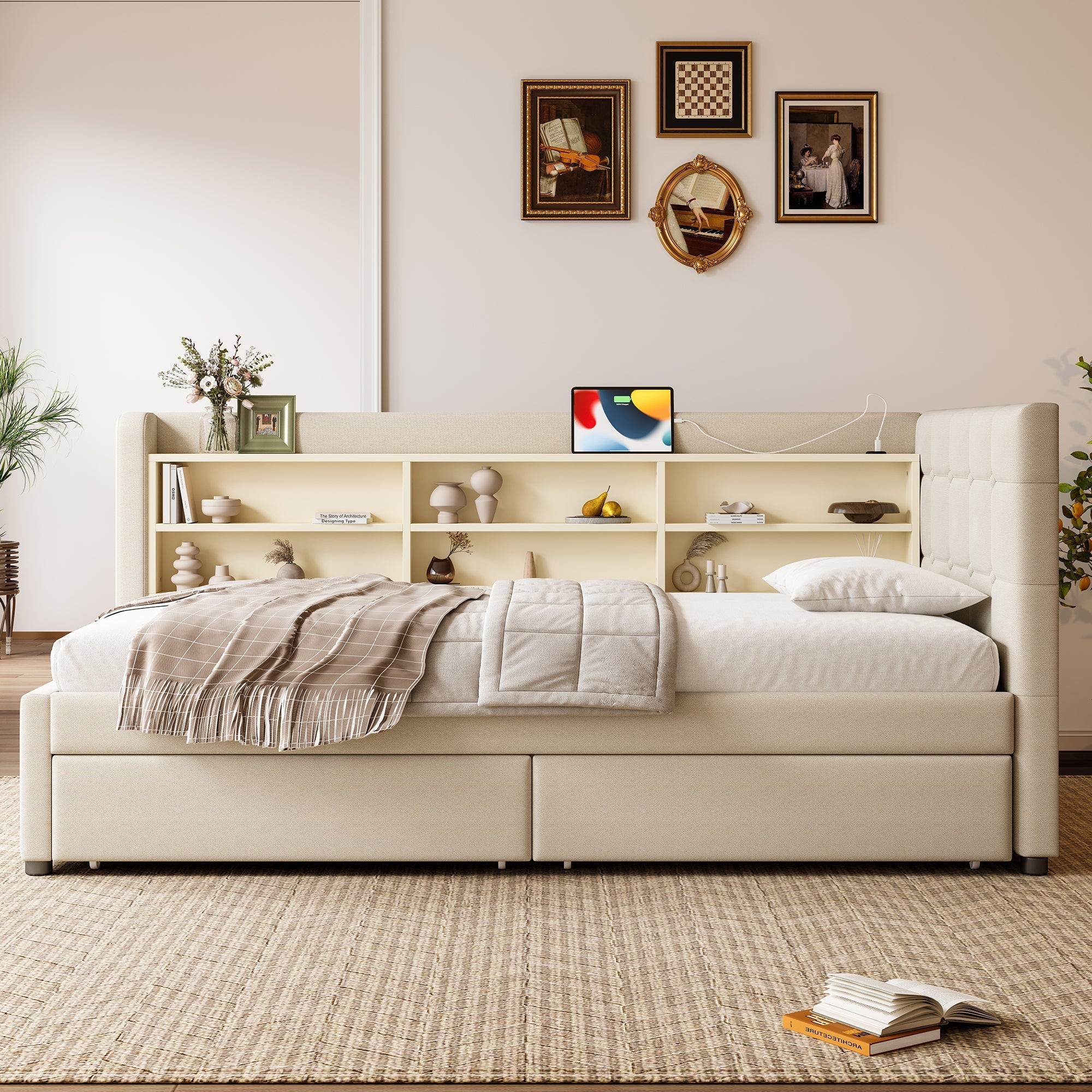 Daybed Sofa Bed 90x200cm 2 Drawers USB-Type C Storage - Linen Beige