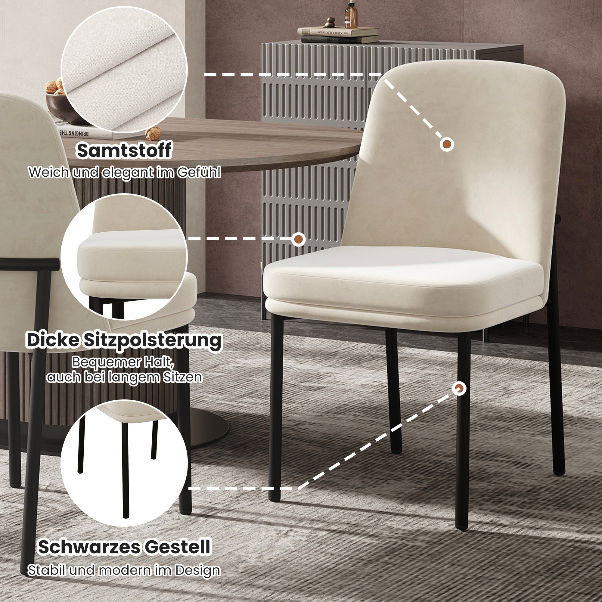 Dining Chairs Set of 6 Black Metal Legs Modern - Beige Velvet