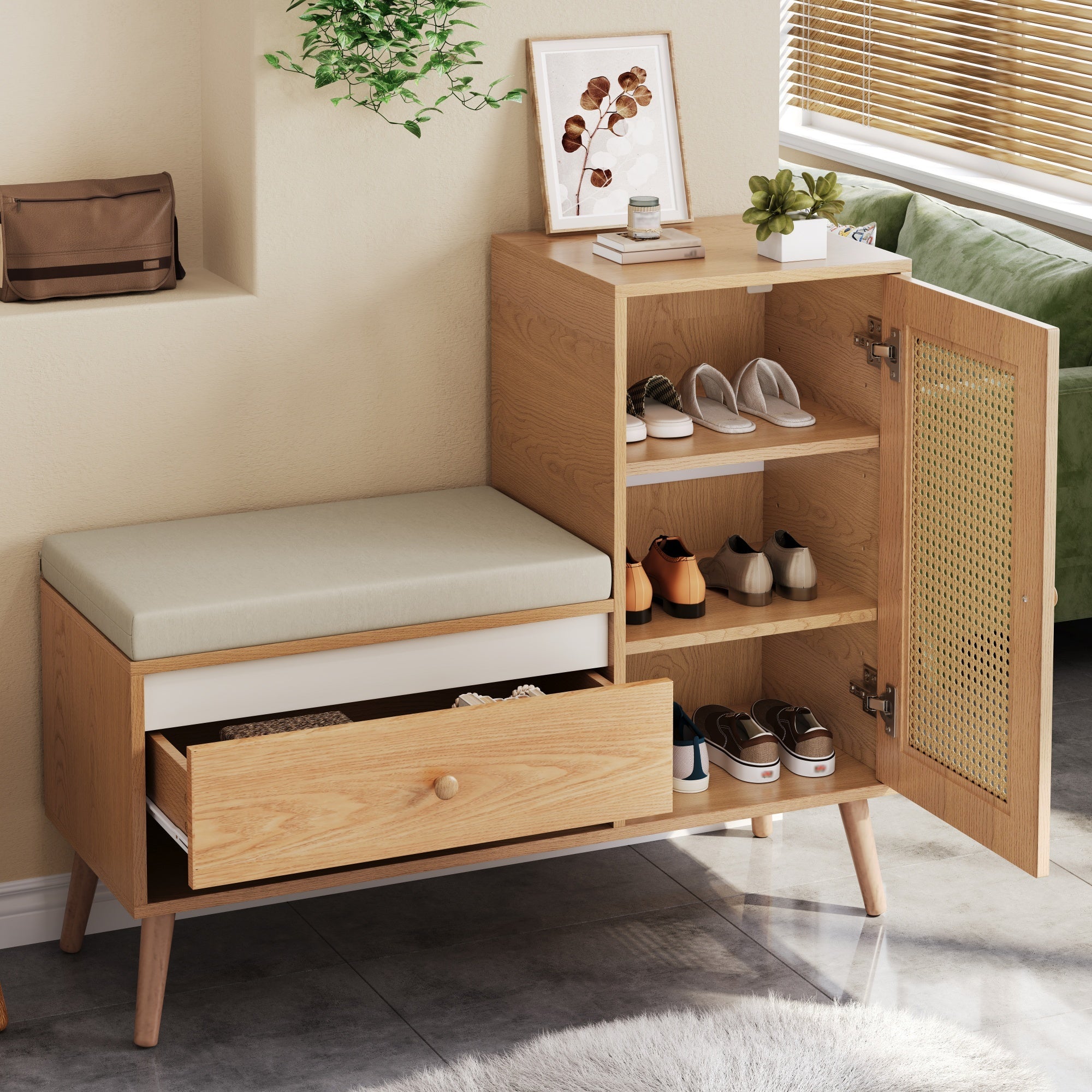Shoe Cabinet, Entryway Bench with Storage Drawers and Seat Cushion, Rattan