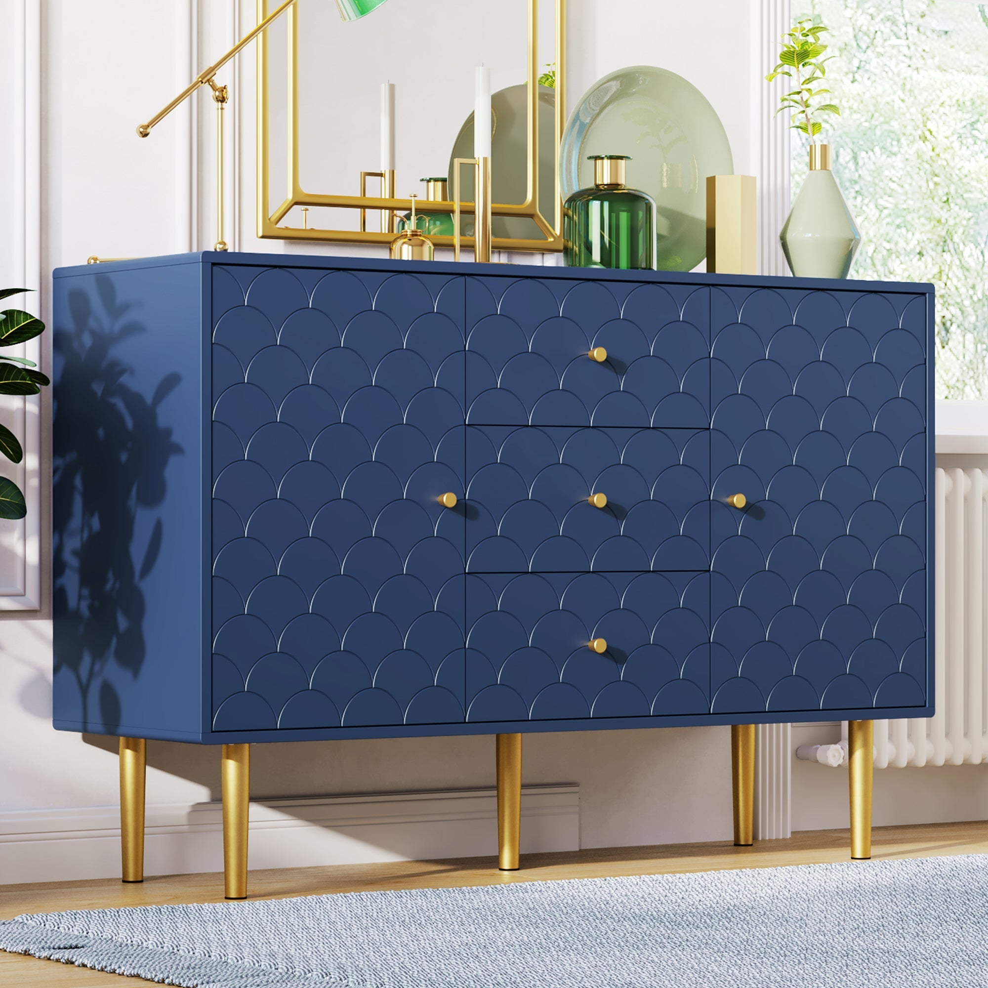 Sideboard Chest 2 Doors 3 Drawers Adjustable Shelf - Navy Blue
