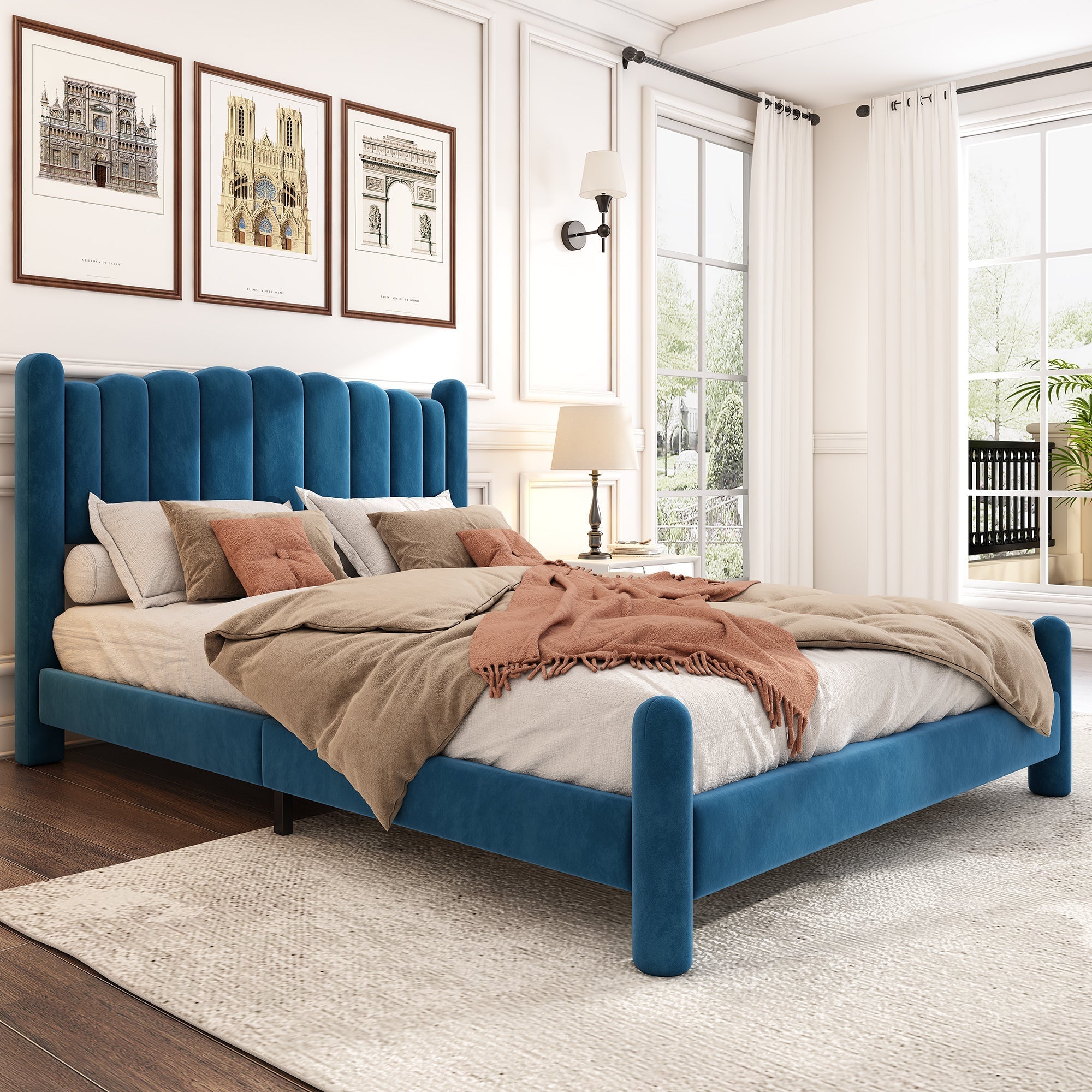 Upholstered Bed with Fan-Shaped Headboard and Slatted Base, 140x200cm, Blue Velvet