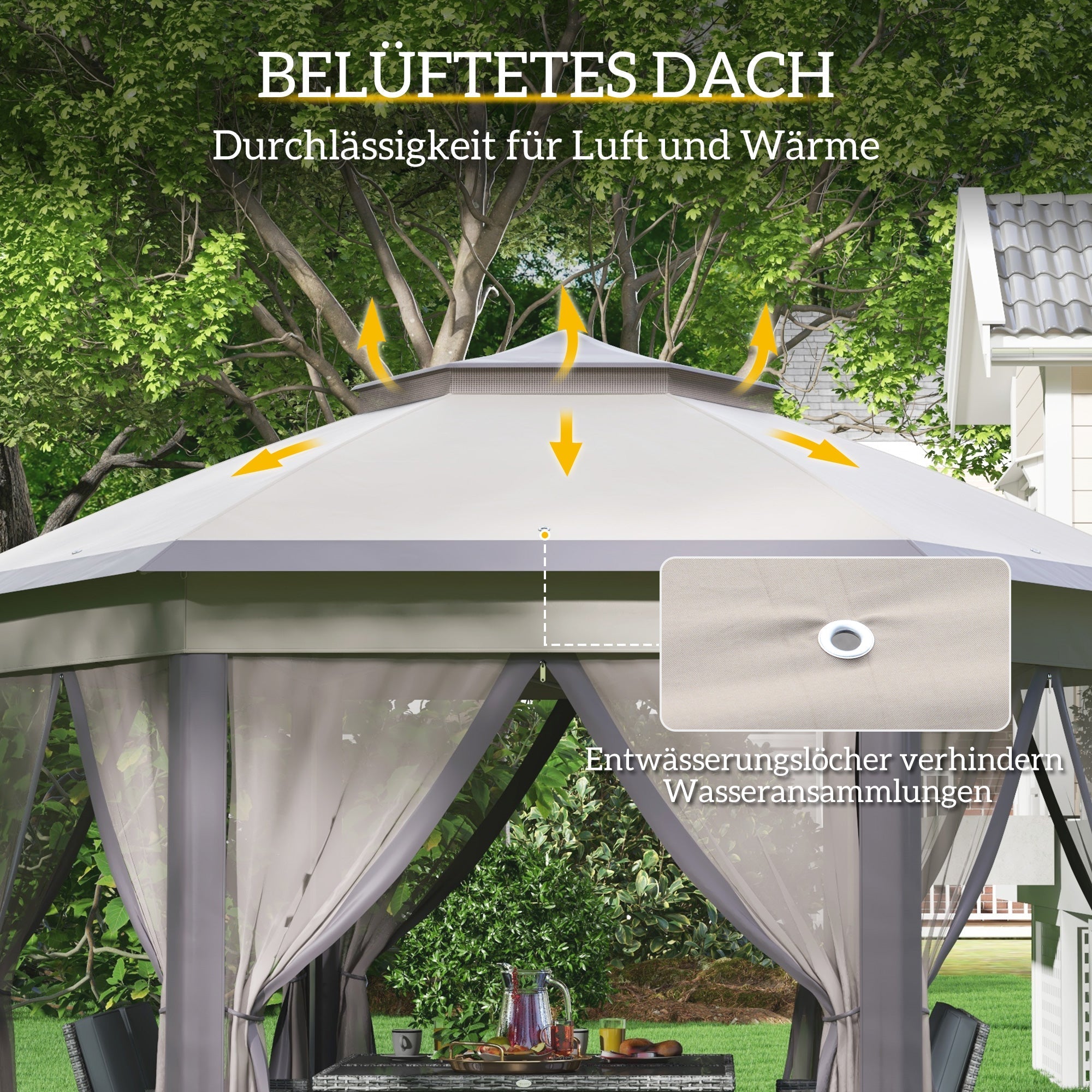 Garden Pavilion Folding Pop-Up Tent 4x4m 6 Side Panels Double Hexagonal Roof, Coffee/Beige