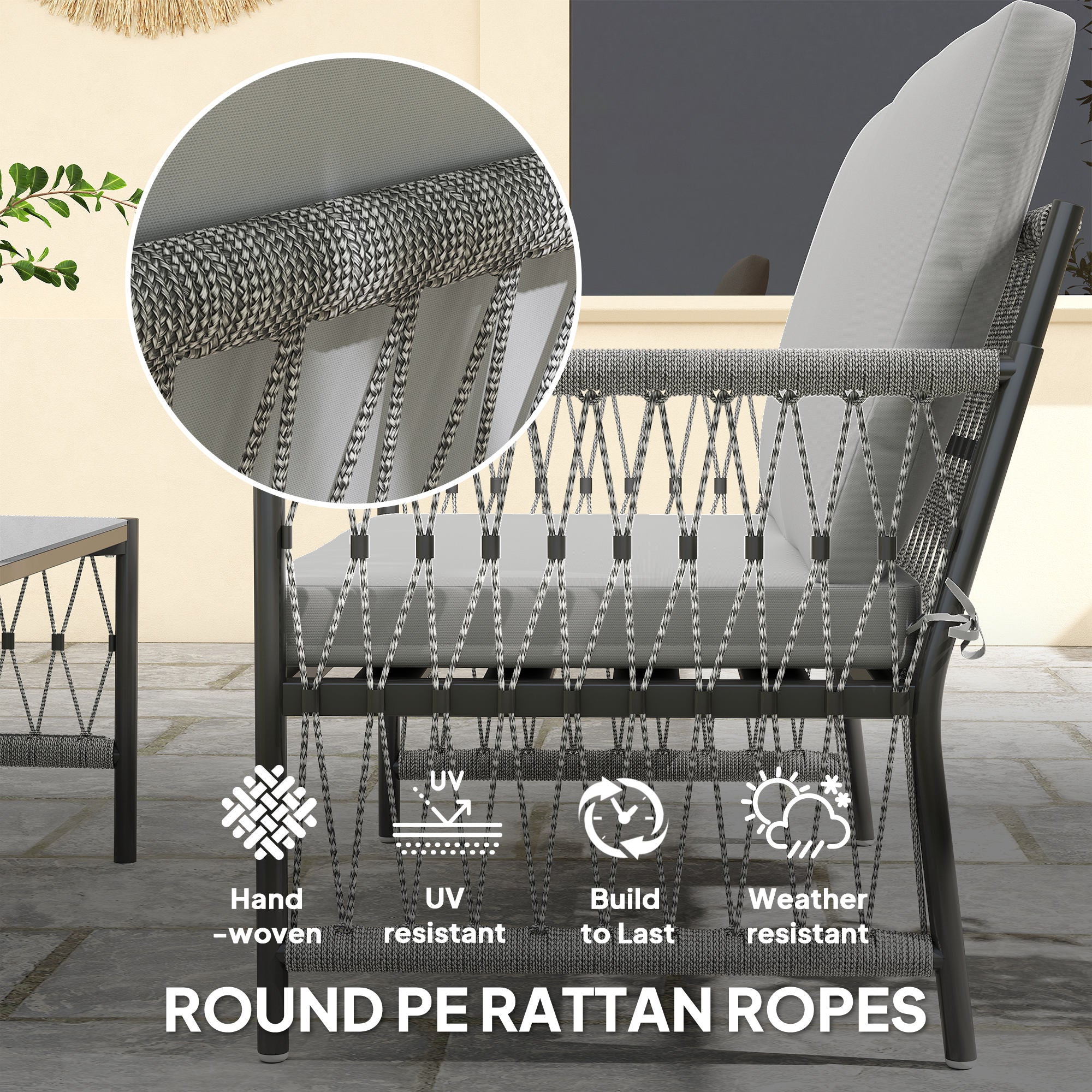 4 Piece Rattan Garden Furniture Set, 4 Seater Wicker Patio Conversation Set, Grey