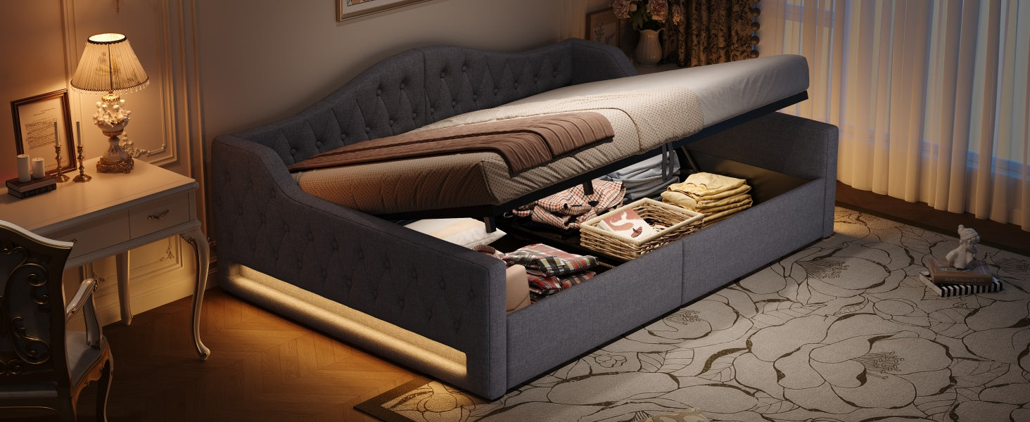 Daybed Upholstered 140x200cm LED Storage - Grey