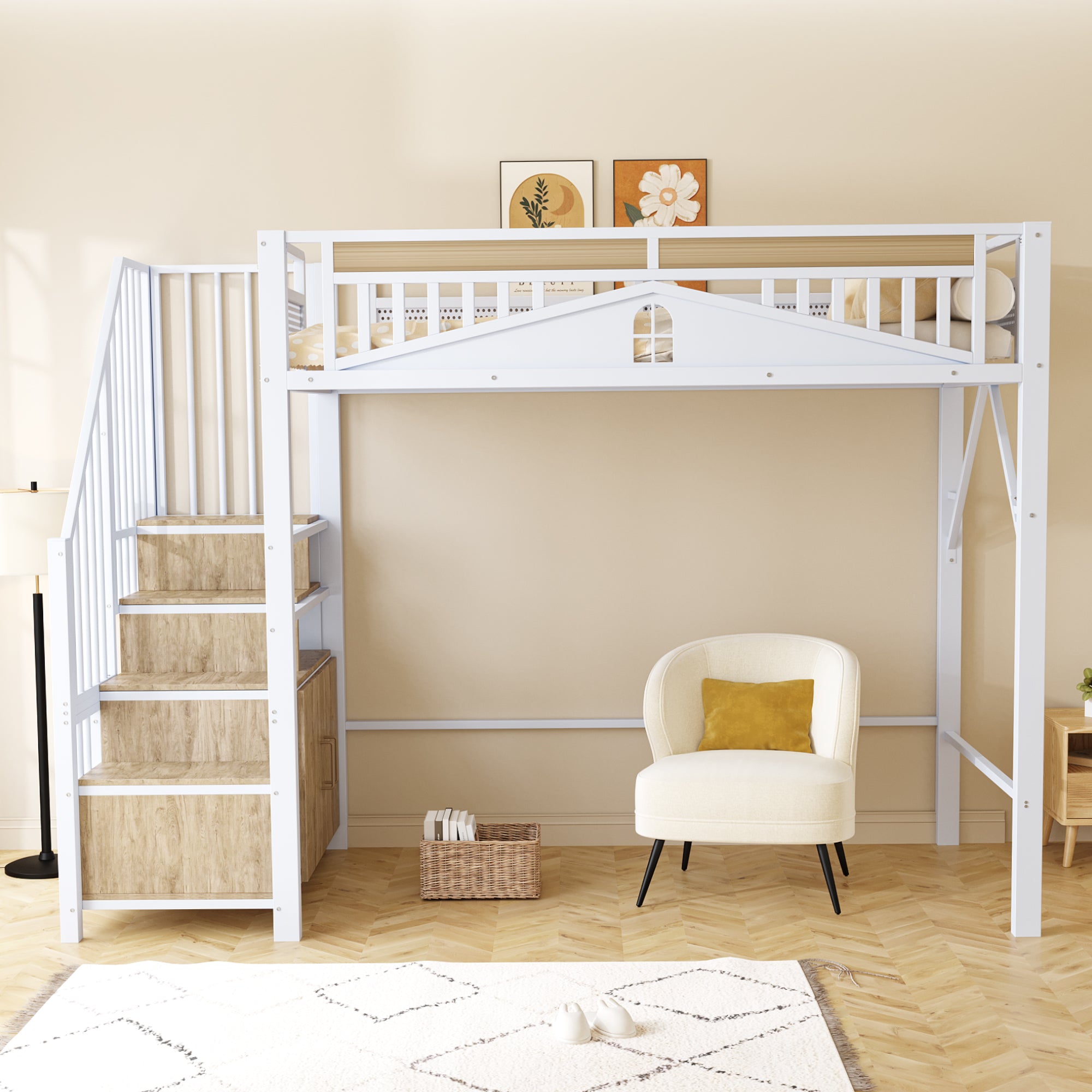 Metal Loft Bed, 90x200cm with Safety Enclosure, Ladder & Locker, White