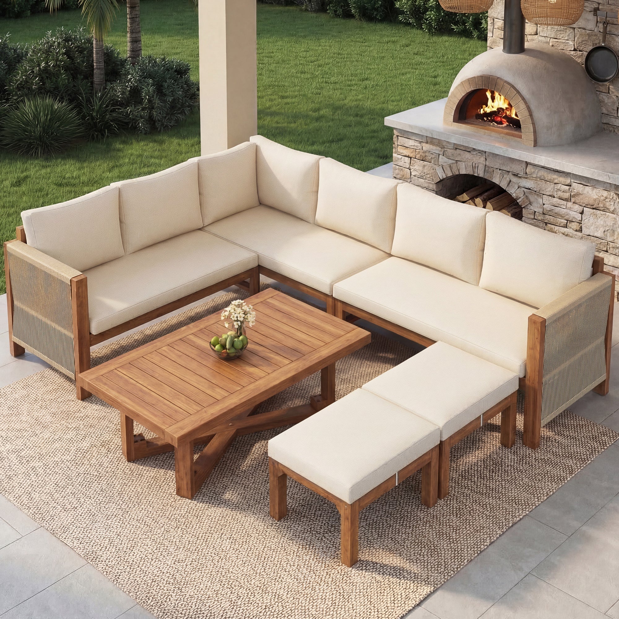 Modular Garden Furniture Set with 6-Seater Corner Sofa, 2 Stools and Table, Acacia Wood