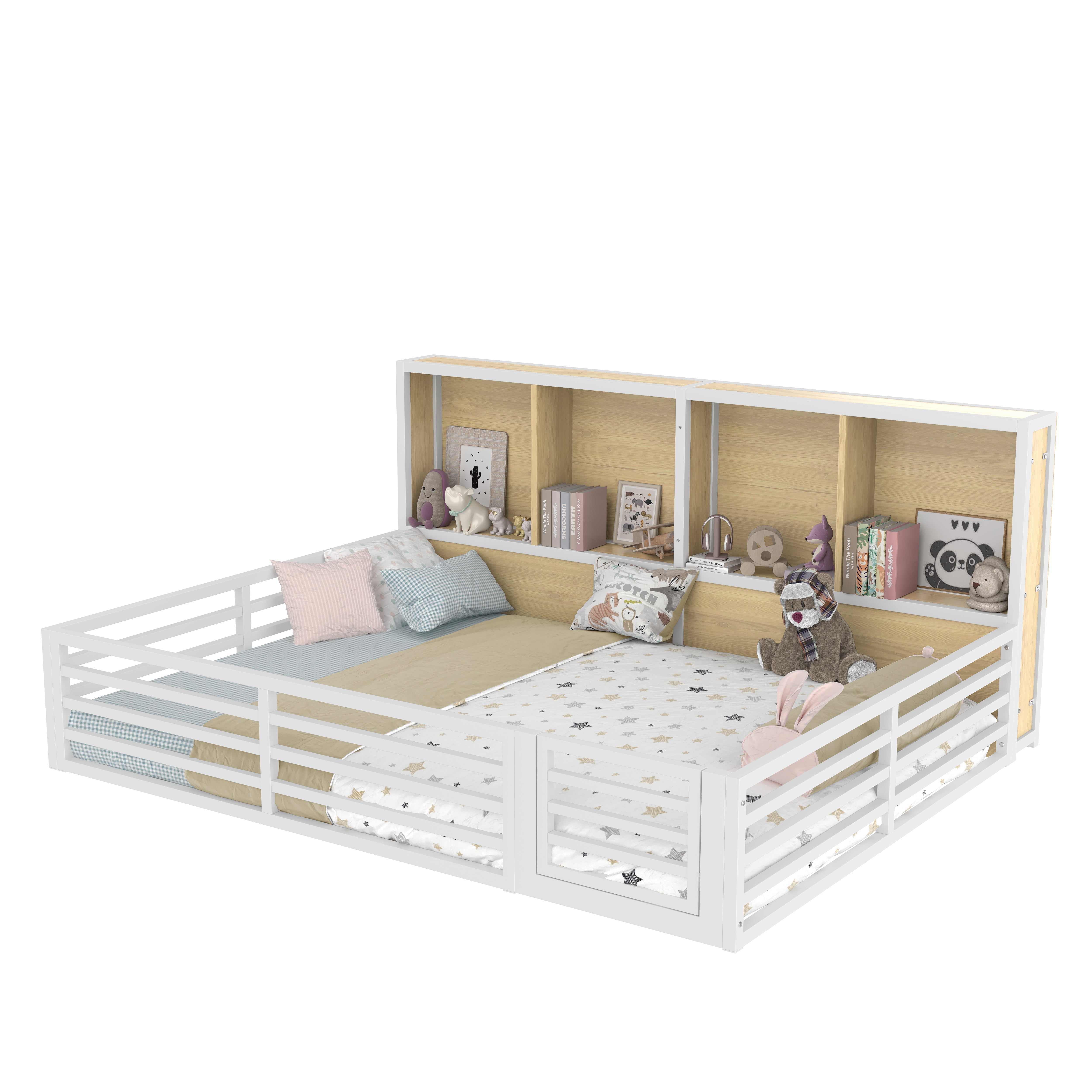 Fence Daybed with Storage Compartment and Railing, 140 x 200cm, White Metal and MDF