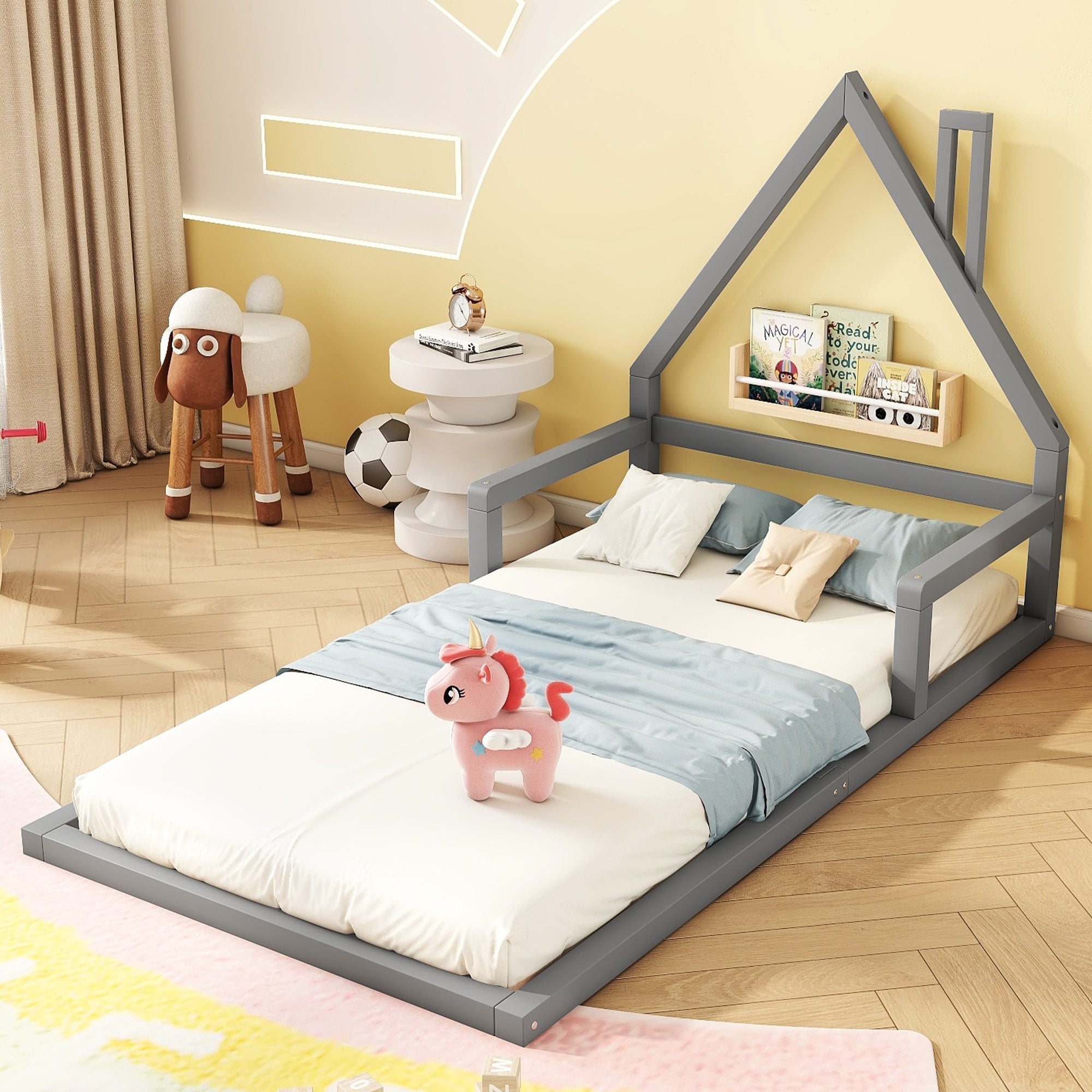 House Bed 90x200cm Flat Bed Simple Design Solid Pine - Grey