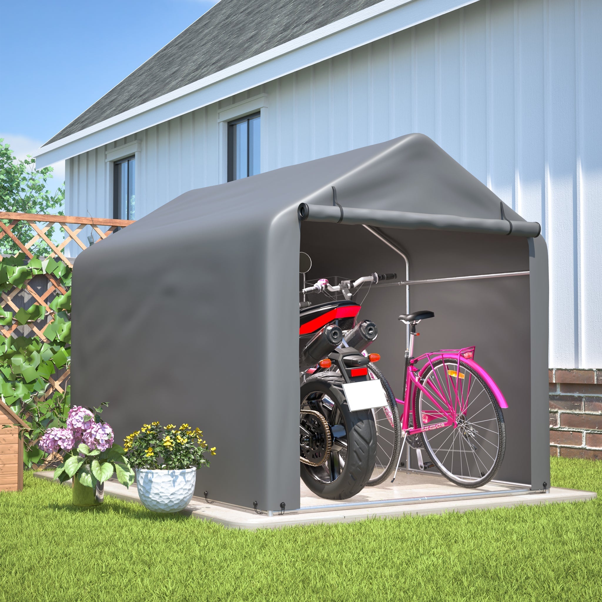 Bicycle Garage / Tool Shed 160x220x165 cm with Roller Shutter, Waterproof PE, Grey
